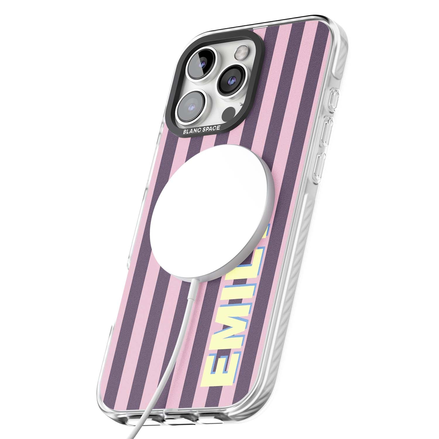 Tyre Stripe personalised stripe iPhone case with plum and pink vertical stripes and custom yellow name | Impact Magsafe case for iPhone 16 Pro, iPhone 16 Pro Max