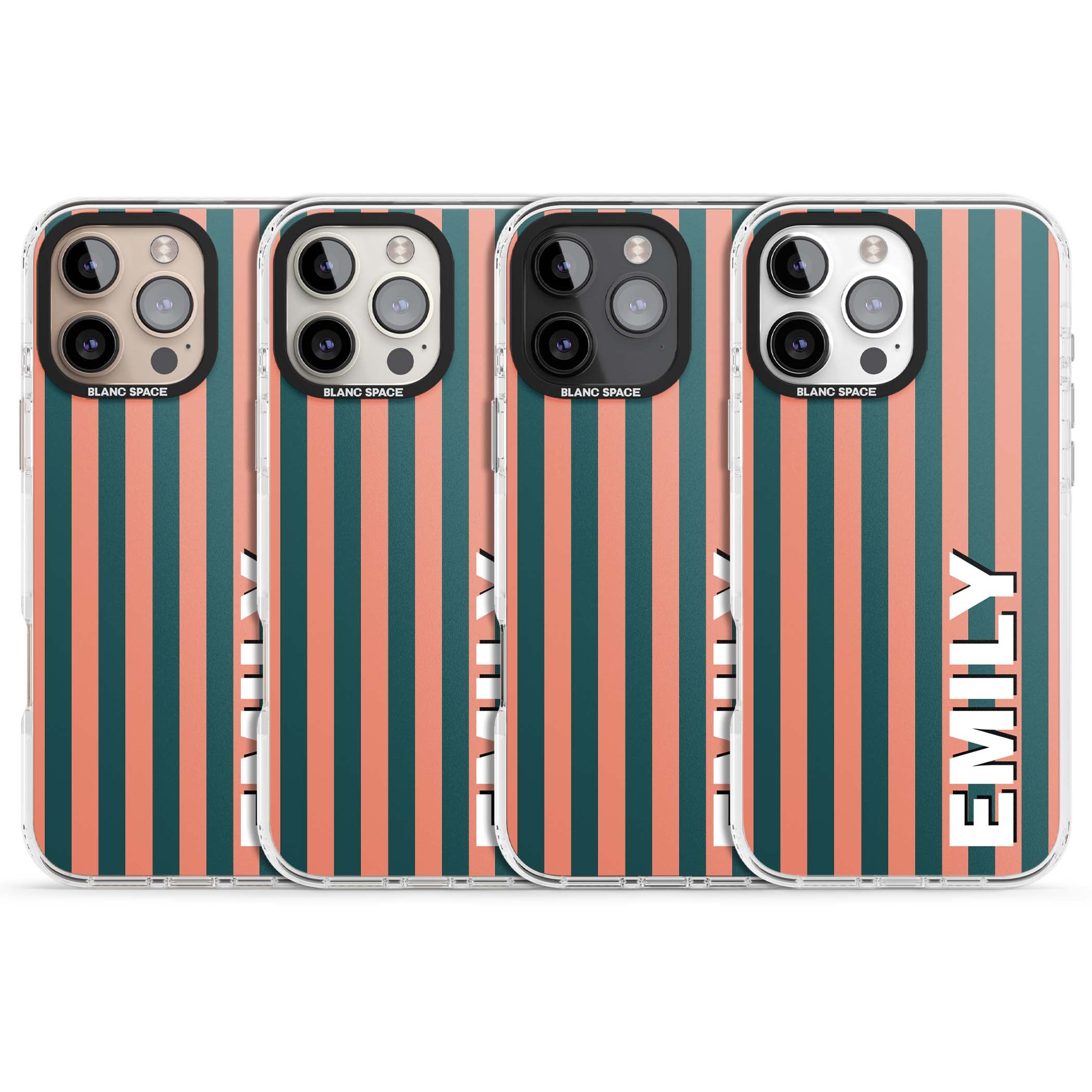 Tuscan Stripe personalised iPhone case featuring coral and green vertical stripes with bold custom name | Impact Magsafe case for iPhone 16 Pro, iPhone 16 Pro Max