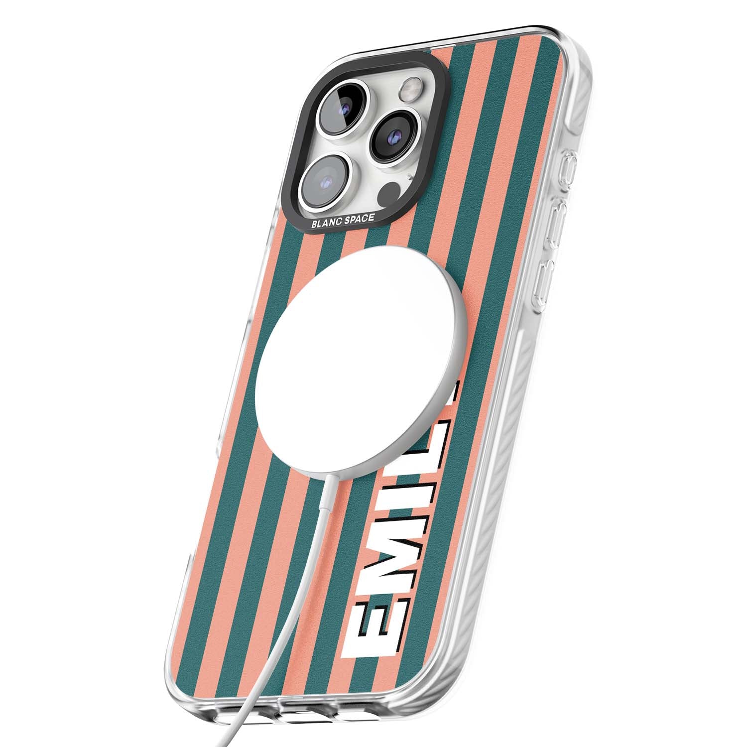 Tuscan Stripe personalised iPhone case featuring coral and green vertical stripes with bold custom name | Impact Magsafe case for iPhone 16 Pro, iPhone 16 Pro Max