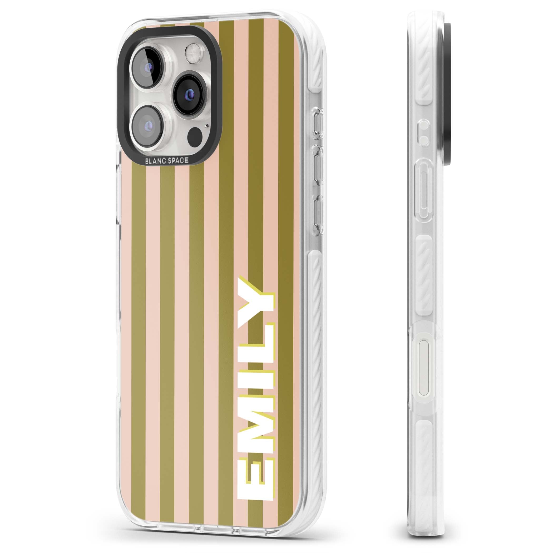 Indian Stripe personalised iPhone case featuring olive green and blush pink vertical stripes with custom name in whit | Impact Magsafe case for iPhone 16 Pro, iPhone 16 Pro Max