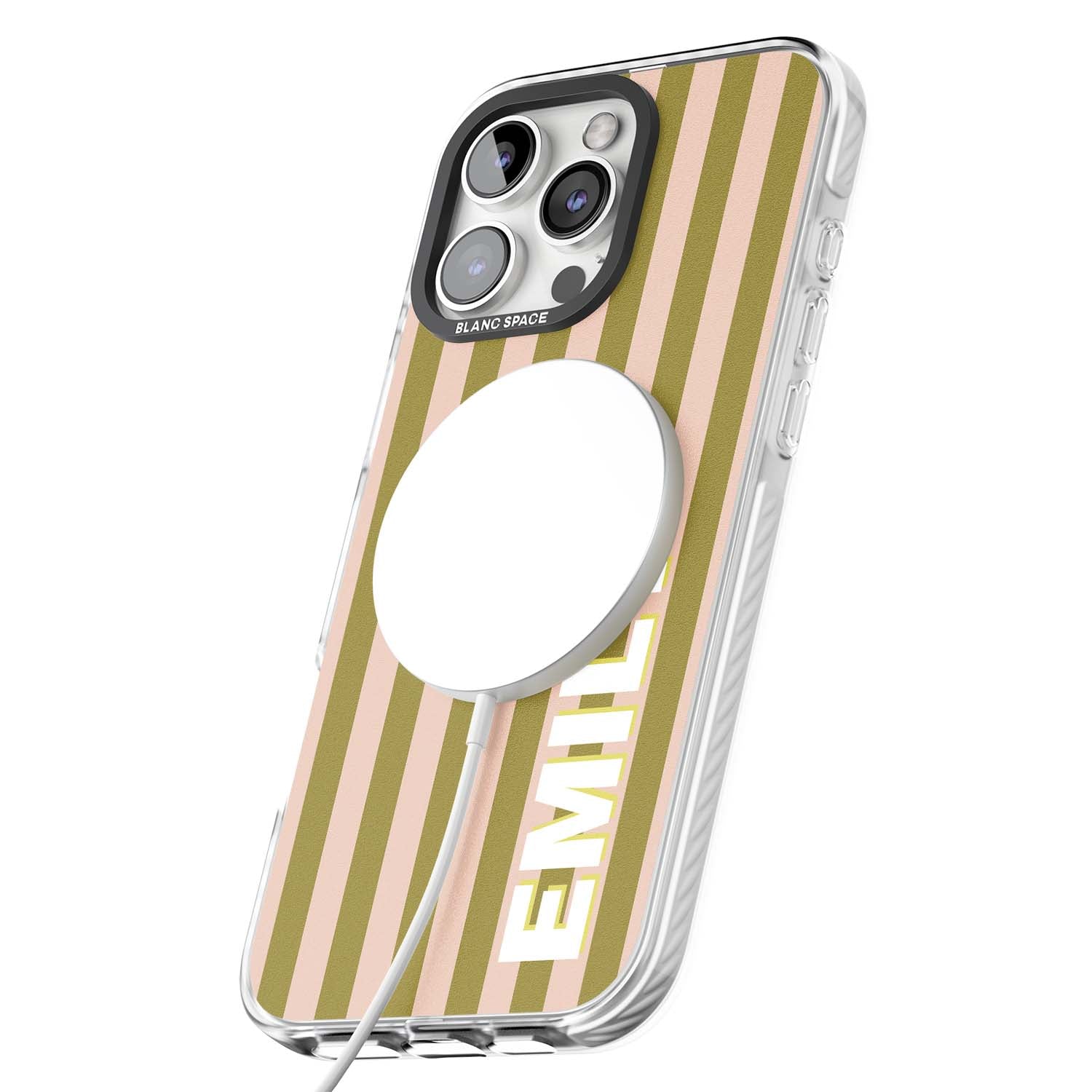 Indian Stripe personalised iPhone case featuring olive green and blush pink vertical stripes with custom name in whit | Impact Magsafe case for iPhone 16 Pro, iPhone 16 Pro Max