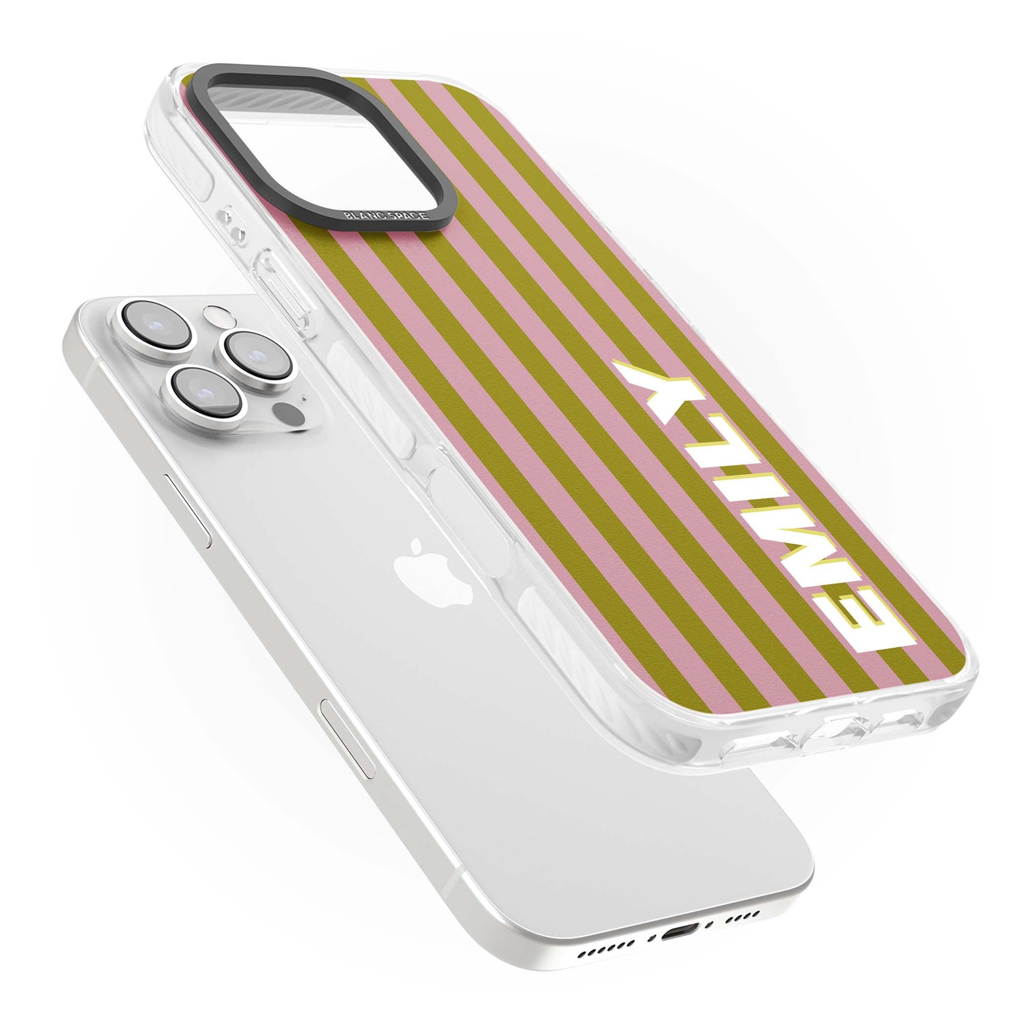 Istanbul Stripe personalised iPhone case featuring pink and olive green vertical stripes with a custom vertical name | Impact Magsafe case for iPhone 16 Pro, iPhone 16 Pro Max