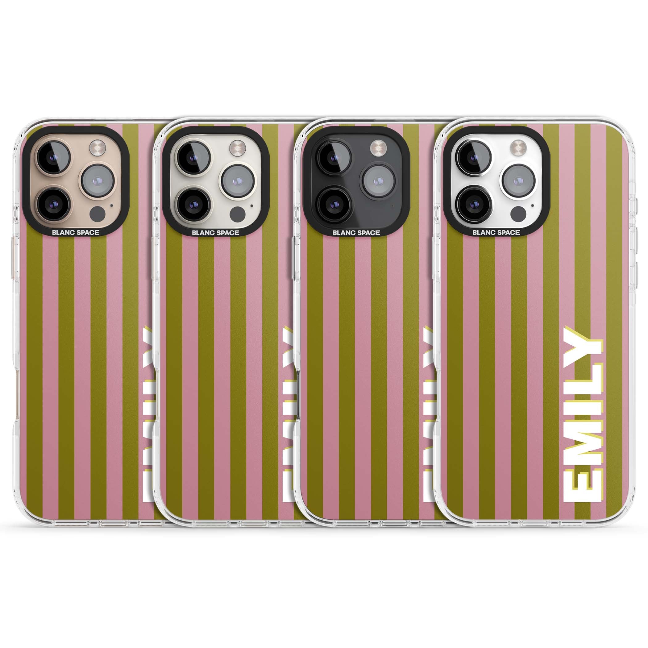 Istanbul Stripe personalised iPhone case featuring pink and olive green vertical stripes with a custom vertical name | Impact Magsafe case for iPhone 16 Pro, iPhone 16 Pro Max