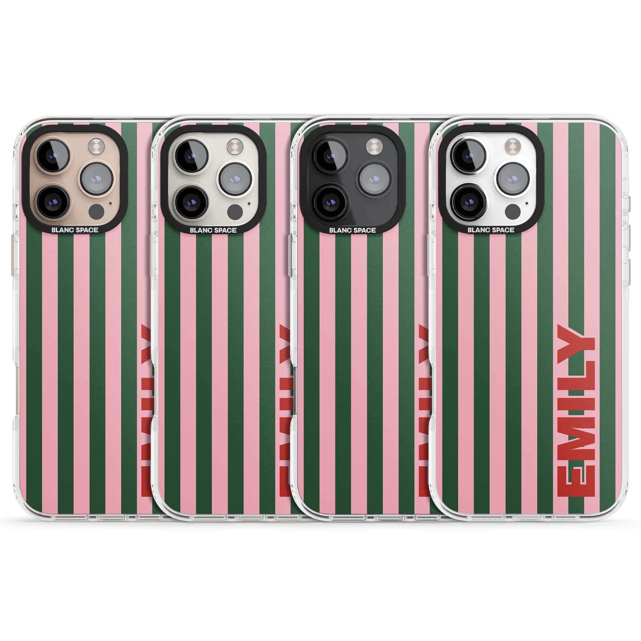 Italian Stripe preppy iPhone case featuring pink and green vertical stripes with personalised red name | Impact Magsafe case for iPhone 16 Pro, iPhone 16 Pro Max