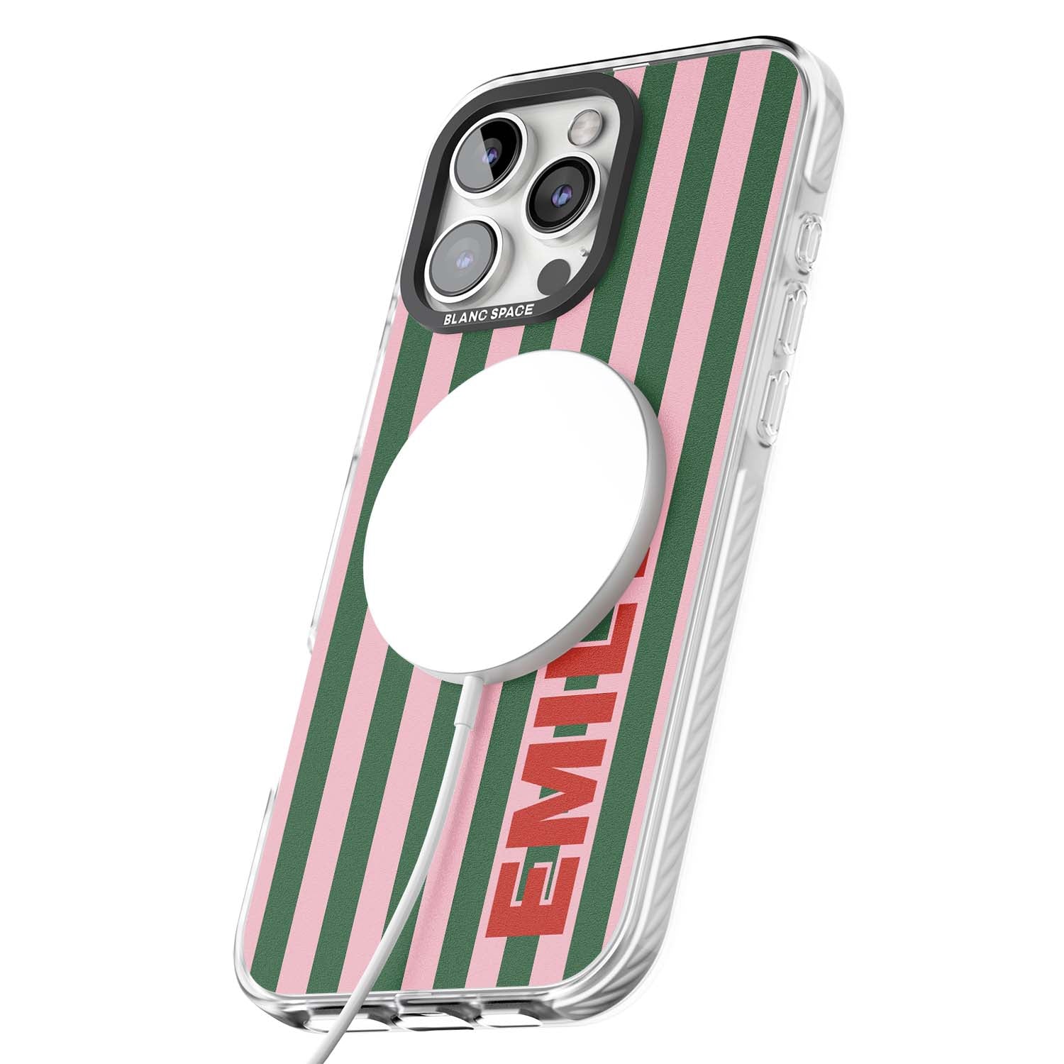 Italian Stripe preppy iPhone case featuring pink and green vertical stripes with personalised red name | Impact Magsafe case for iPhone 16 Pro, iPhone 16 Pro Max