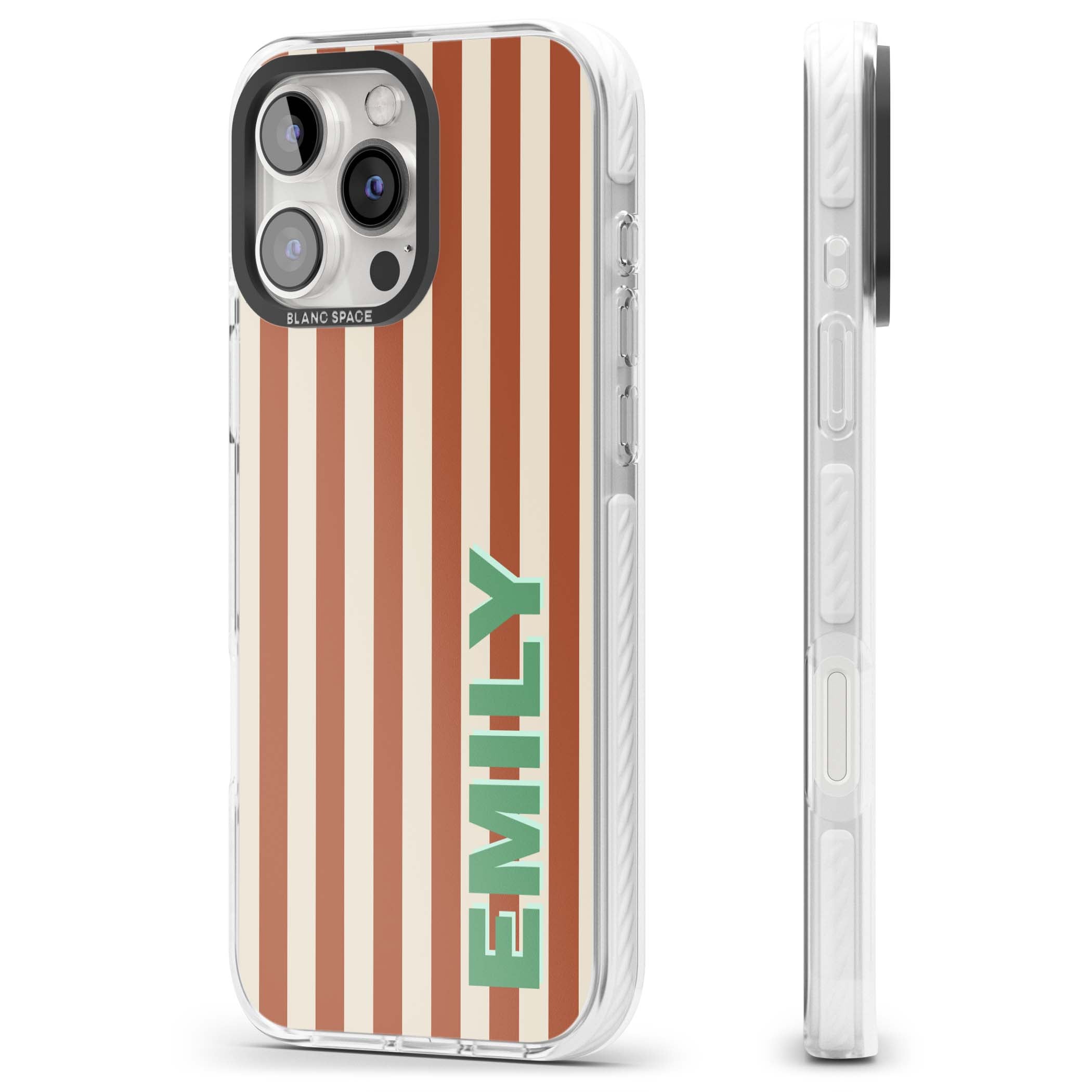 Dune Stripe personalised iPhone case with rust and cream vertical stripes and custom name in mint green | Impact Magsafe case for iPhone 16 Pro, iPhone 16 Pro Max