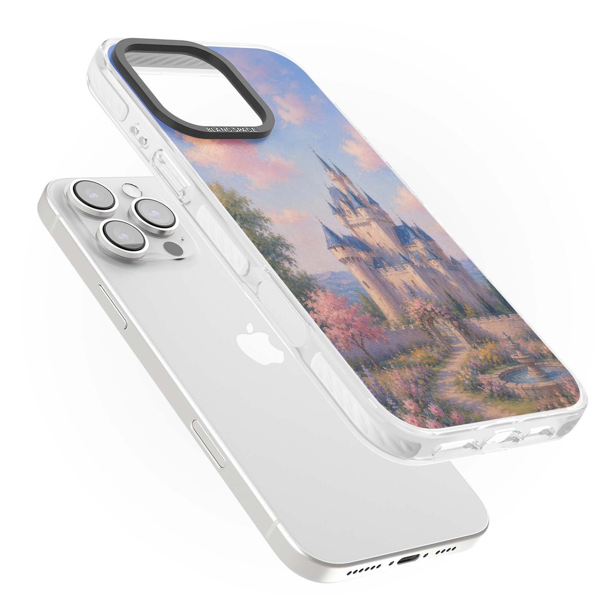 Enchanted Kingdom fairytale iPhone case featuring a romantic castle painting with cherry blossoms and pastel pink sky | Impact Magsafe case for iPhone 16 Pro, iPhone 16 Pro Max