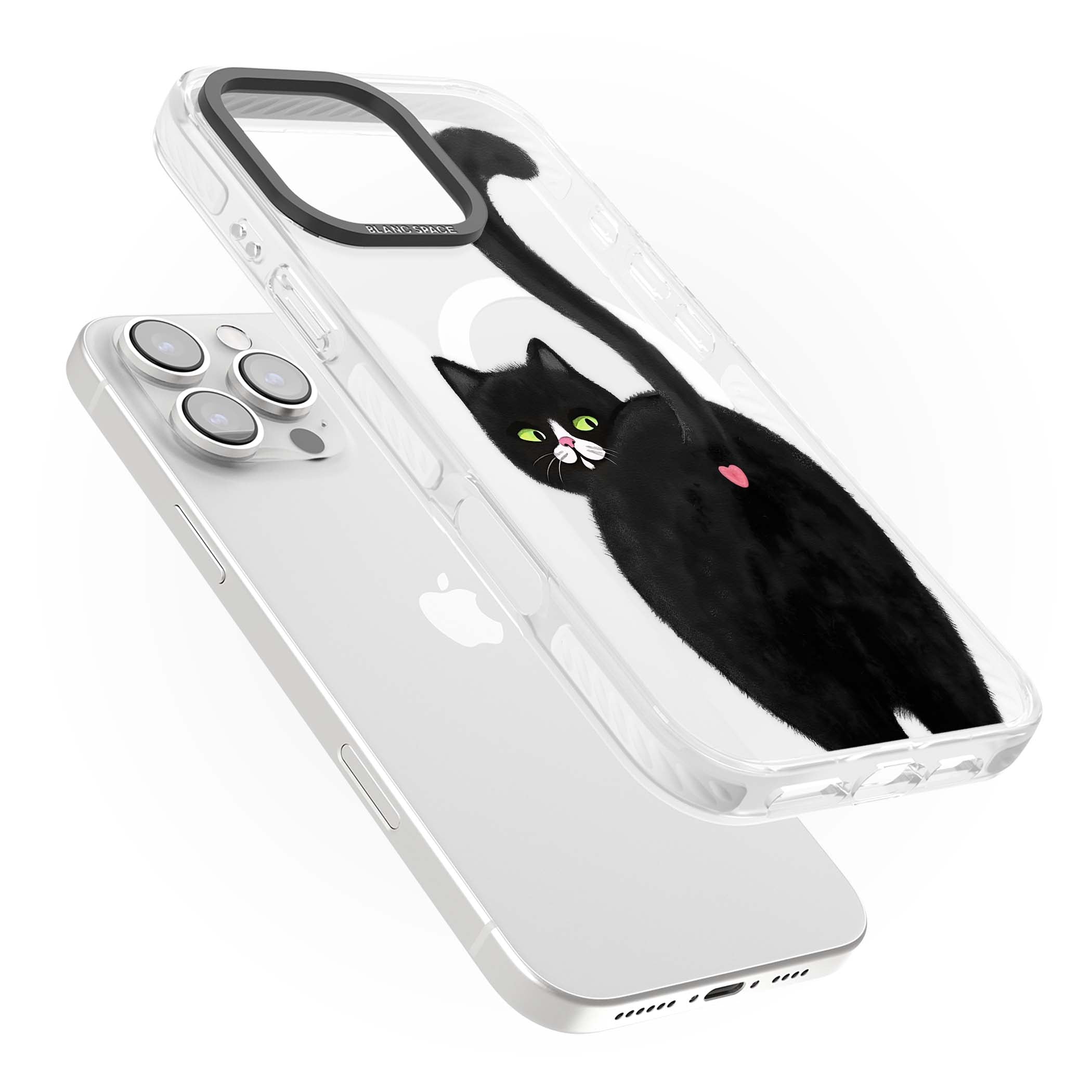 The Cat's Kiss cute cat iPhone case featuring a hand-painted tuxedo kitty with green eyes and a pink heart on a clear | Impact Magsafe case for iPhone 16 Pro, iPhone 16 Pro Max