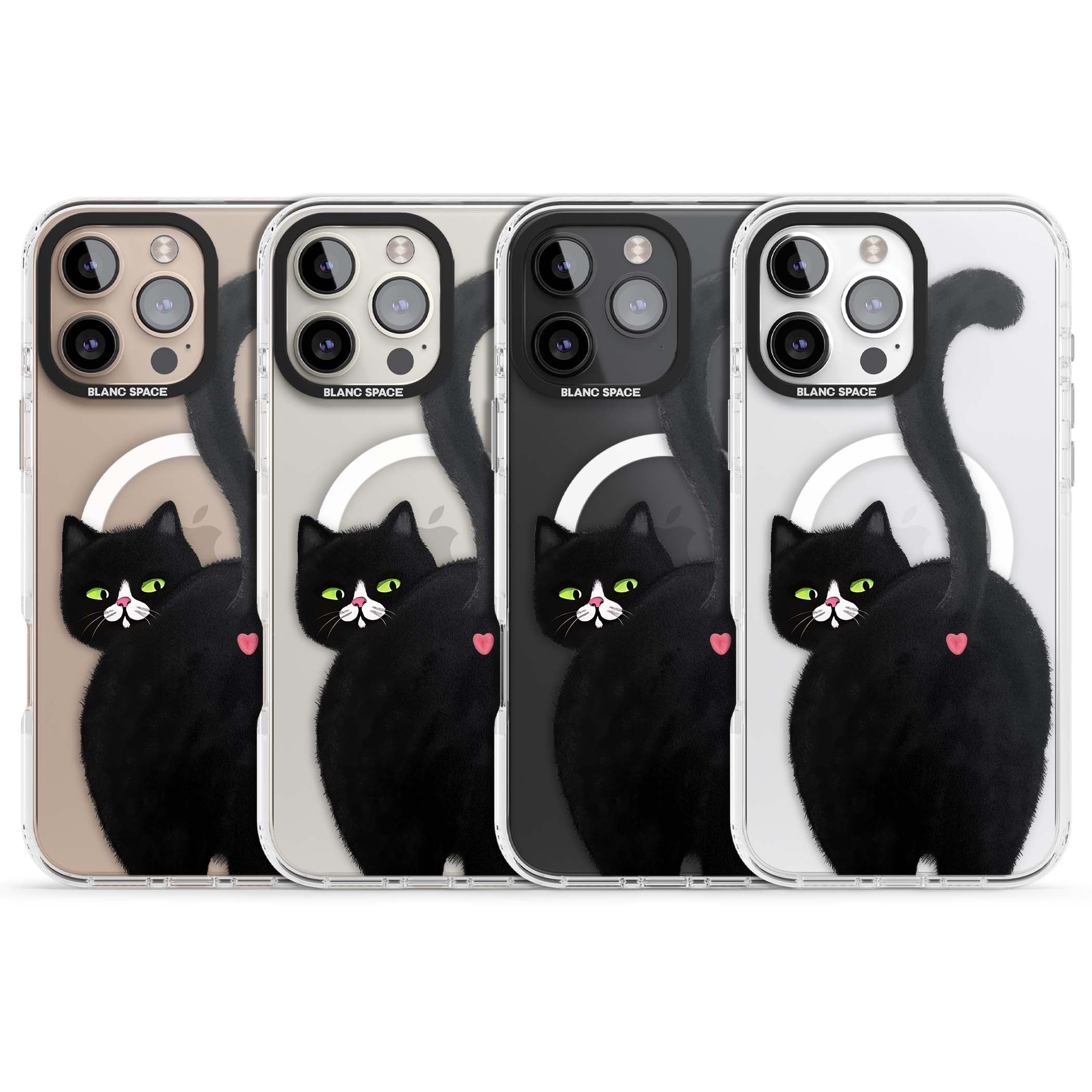 The Cat's Kiss cute cat iPhone case featuring a hand-painted tuxedo kitty with green eyes and a pink heart on a clear | Impact Magsafe case for iPhone 16 Pro, iPhone 16 Pro Max