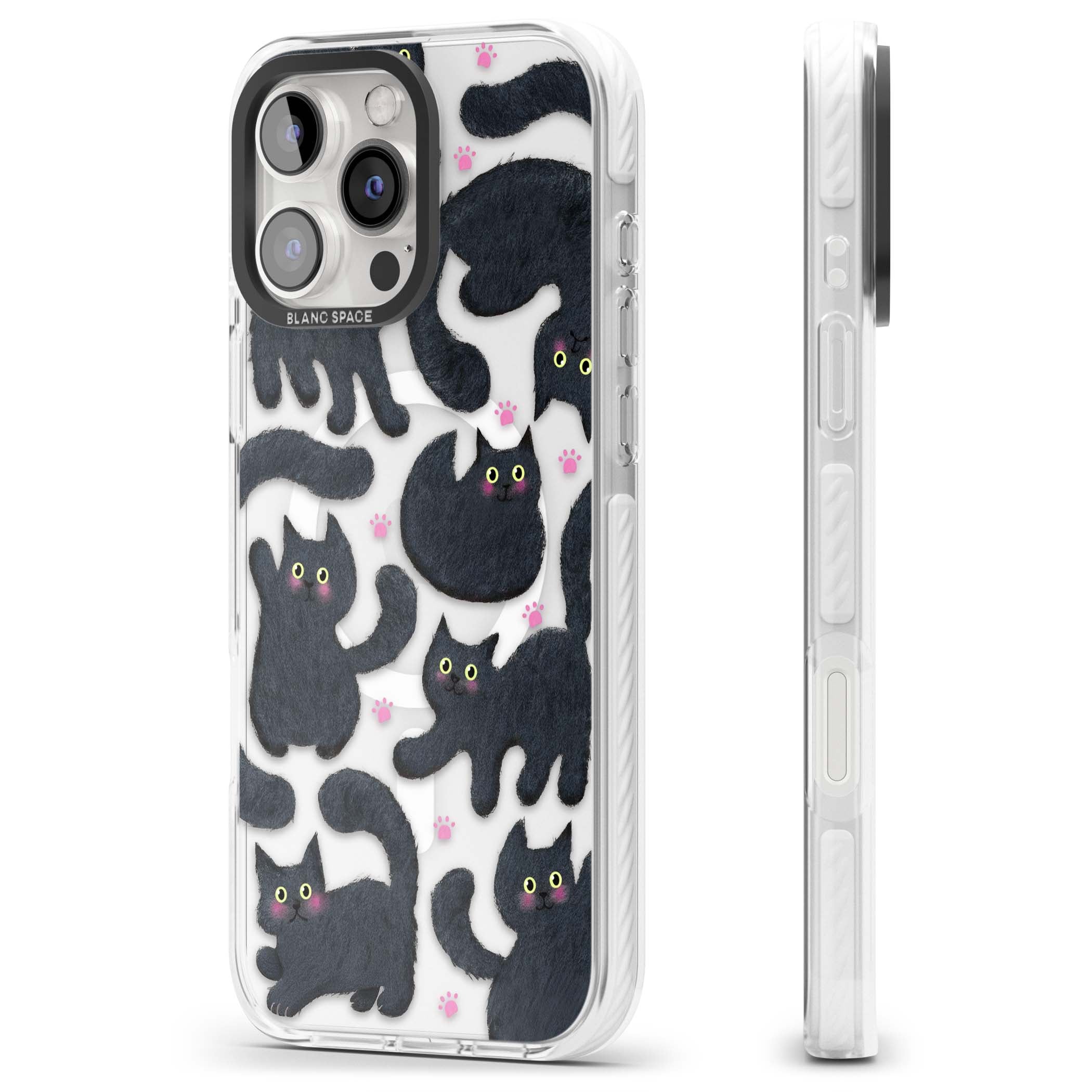 Midnight Cats cute iPhone case featuring black cat pattern with yellow eyes and pink paw prints | Impact Magsafe case for iPhone 16 Pro, iPhone 16 Pro Max