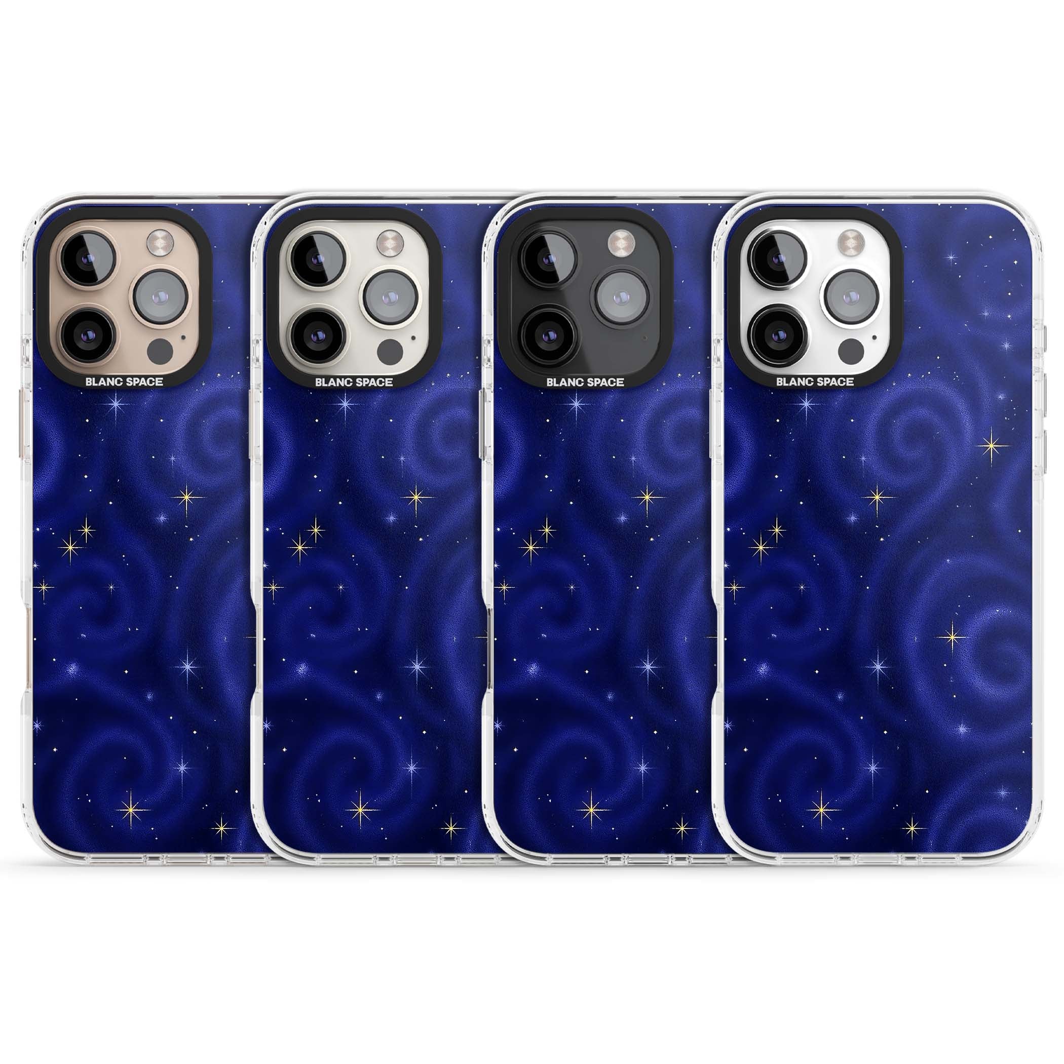 Indigo Cosmos celestial iPhone case featuring swirling navy night sky and sparkling golden stars | Impact Magsafe case for iPhone 16 Pro, iPhone 16 Pro Max