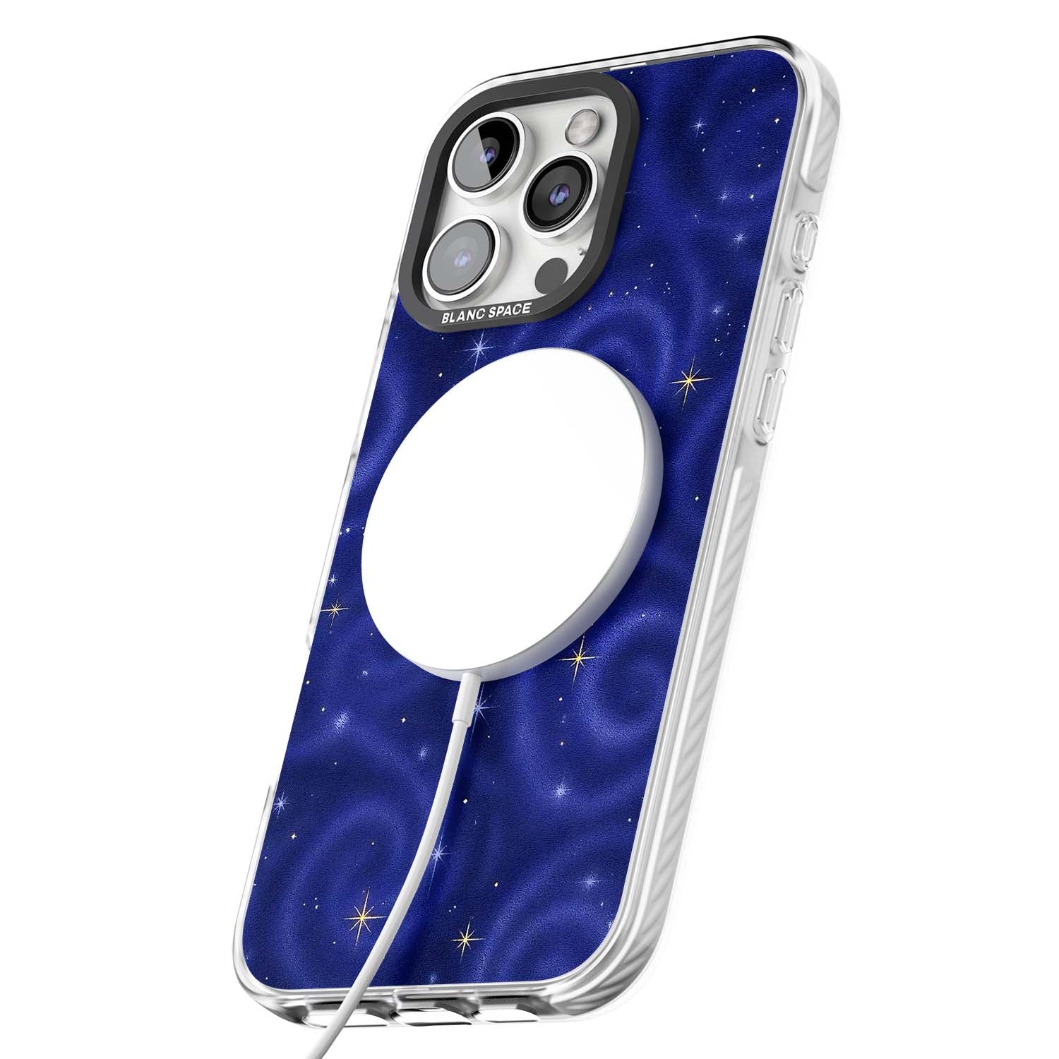Indigo Cosmos celestial iPhone case featuring swirling navy night sky and sparkling golden stars | Impact Magsafe case for iPhone 16 Pro, iPhone 16 Pro Max