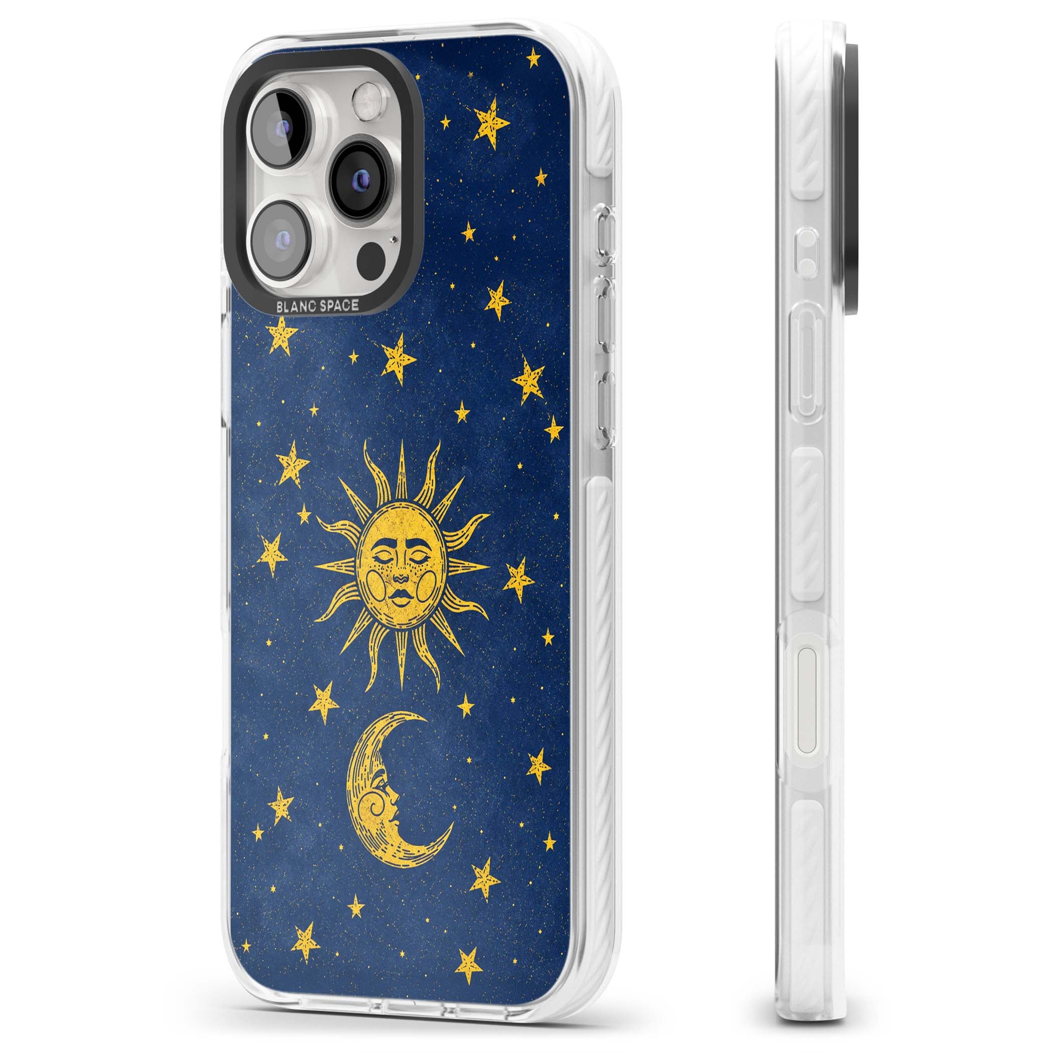 Sun & Moon Reverie celestial iPhone case featuring a vintage golden sun, crescent moon and scattered stars on midnight blue | Impact Magsafe case for iPhone 16 Pro, iPhone 16 Pro Max