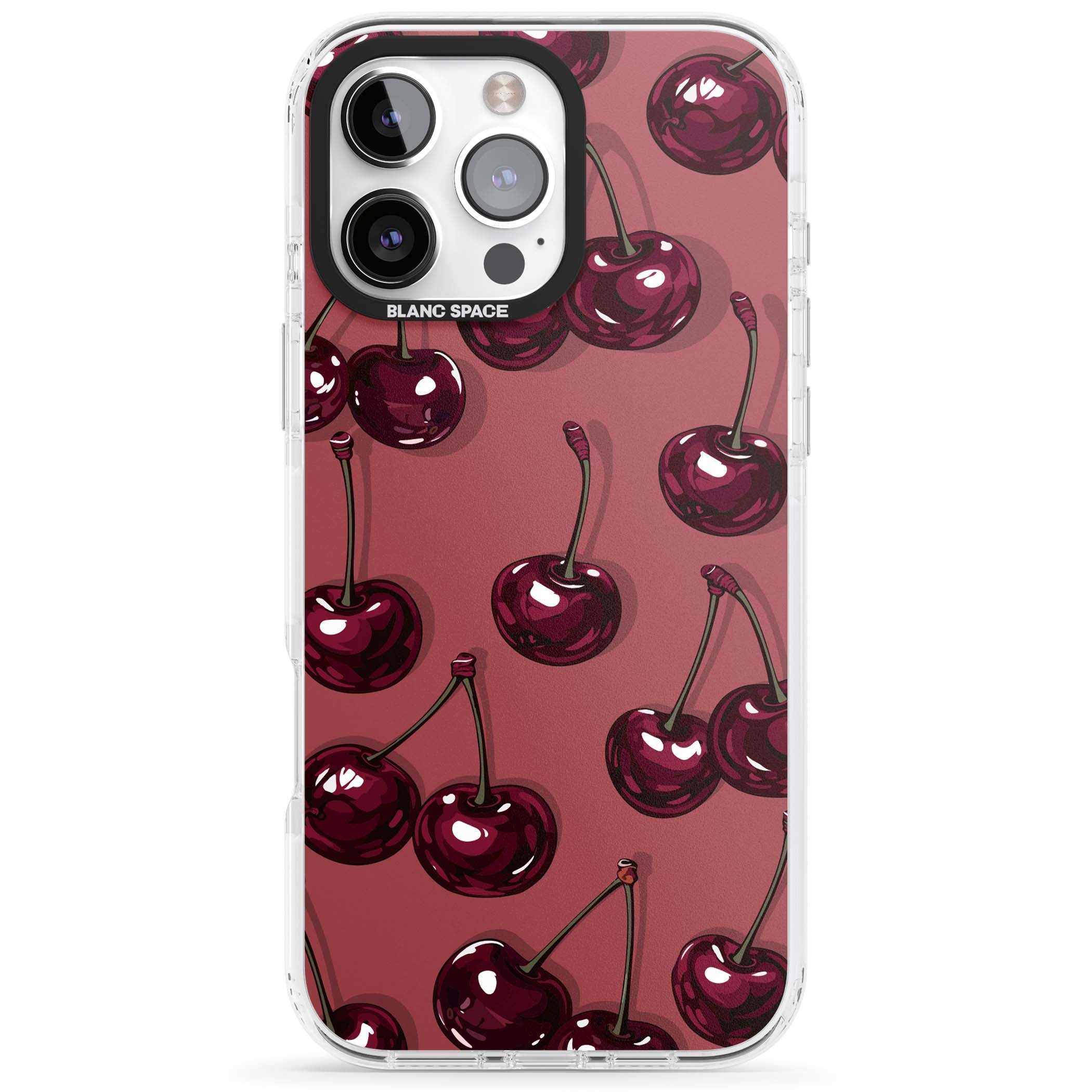 Cherry Rebel coquette iPhone case featuring glossy burgundy cherries on a dusty rose background | Impact Magsafe case for iPhone 16 Pro, iPhone 16 Pro Max