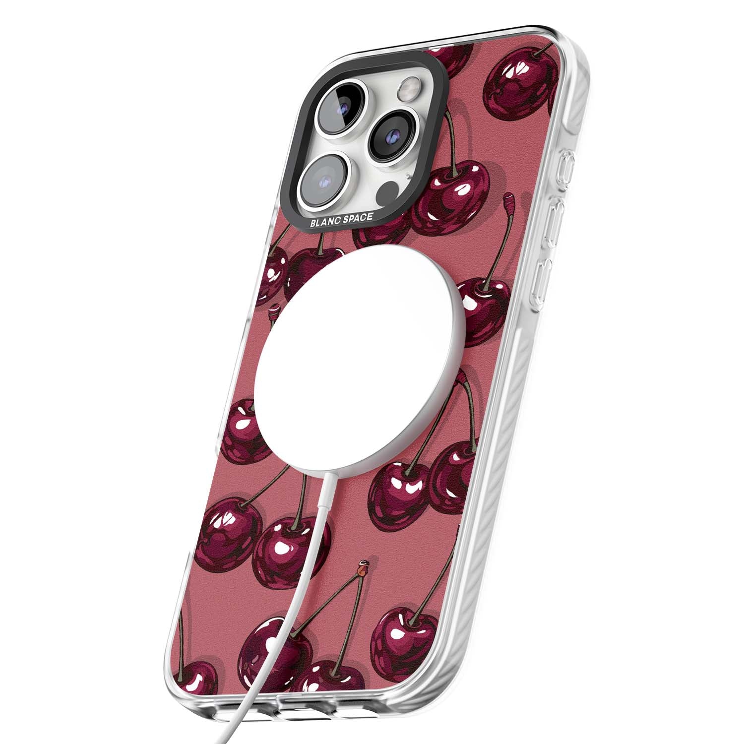 Cherry Rebel coquette iPhone case featuring glossy burgundy cherries on a dusty rose background | Impact Magsafe case for iPhone 16 Pro, iPhone 16 Pro Max