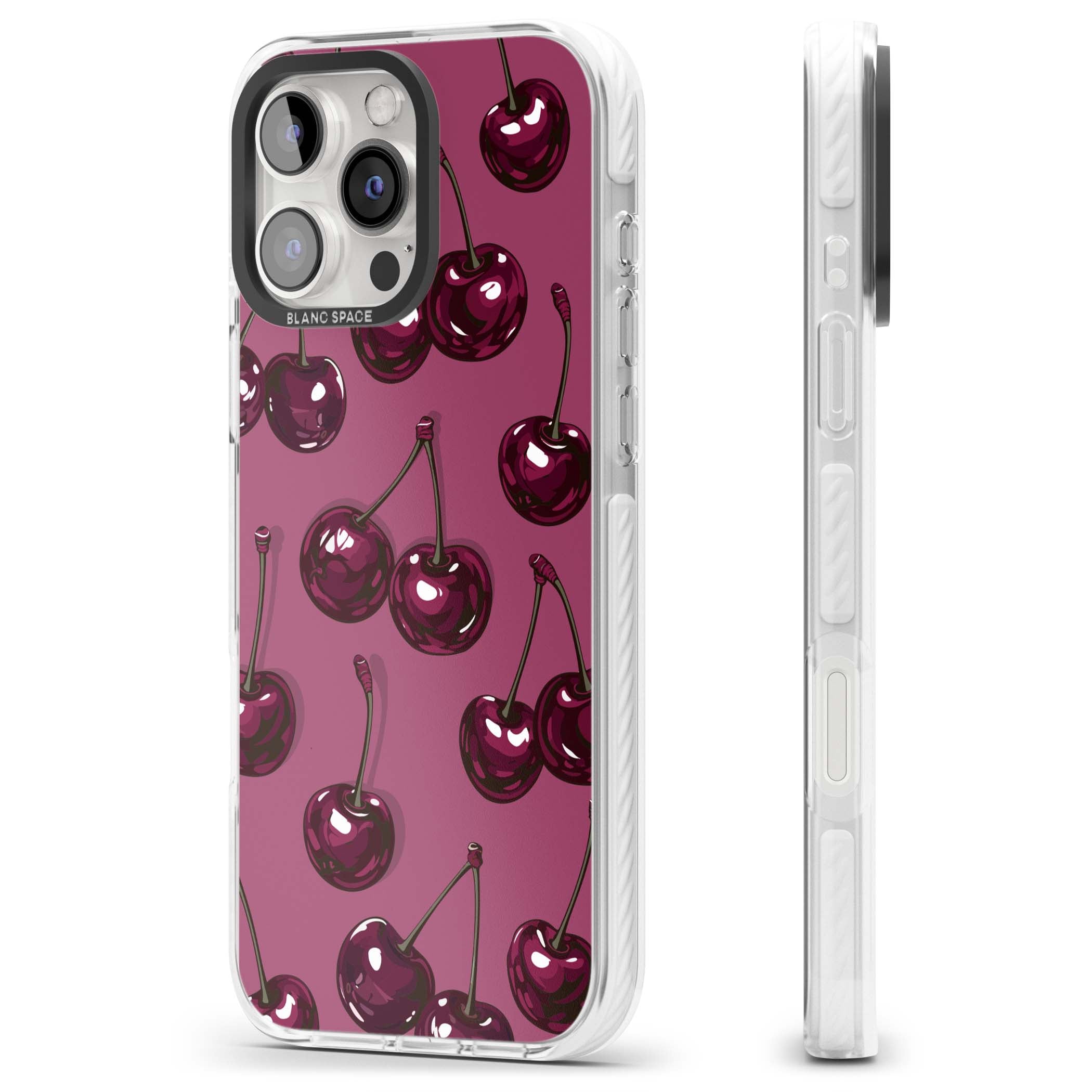 Cherry Soda coquette iPhone case featuring glossy burgundy cherries on a dusty pink background | Impact Magsafe case for iPhone 16 Pro, iPhone 16 Pro Max