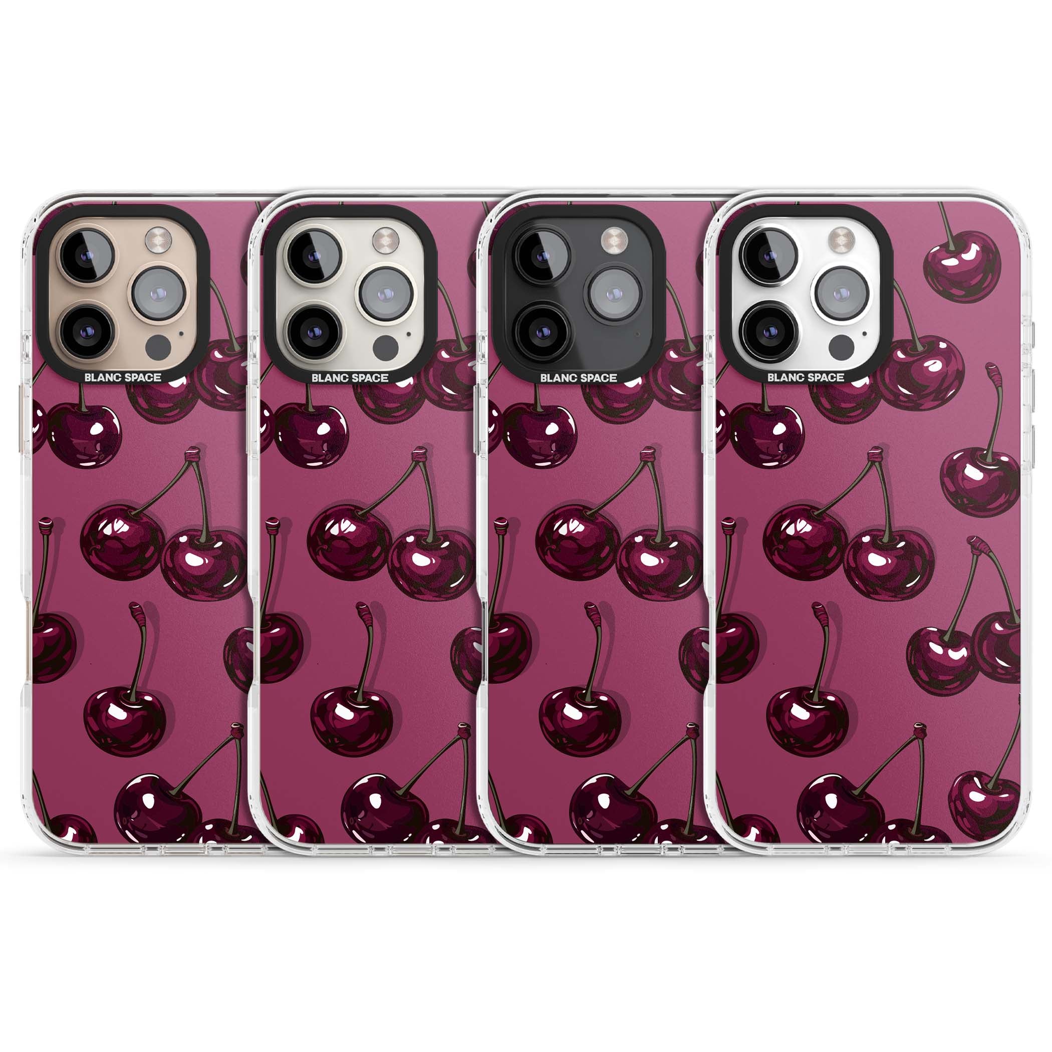 Cherry Soda coquette iPhone case featuring glossy burgundy cherries on a dusty pink background | Impact Magsafe case for iPhone 16 Pro, iPhone 16 Pro Max