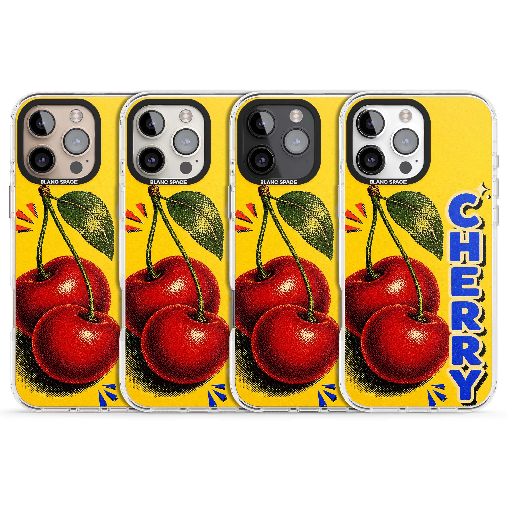Cherry Yellow y2k iPhone case featuring two red cherries, halftone shading and bold blue CHERRY lettering on yellow | Impact Magsafe case for iPhone 16 Pro, iPhone 16 Pro Max