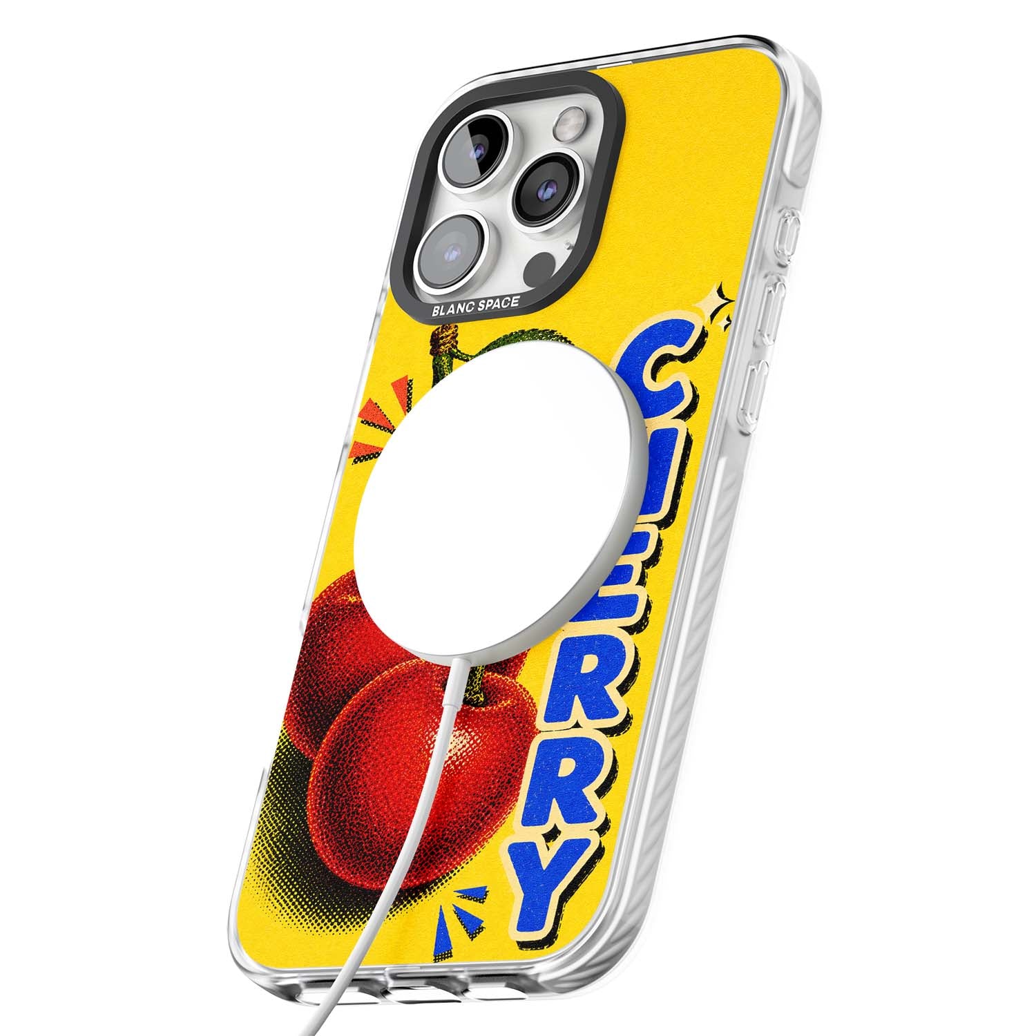 Cherry Yellow y2k iPhone case featuring two red cherries, halftone shading and bold blue CHERRY lettering on yellow | Impact Magsafe case for iPhone 16 Pro, iPhone 16 Pro Max