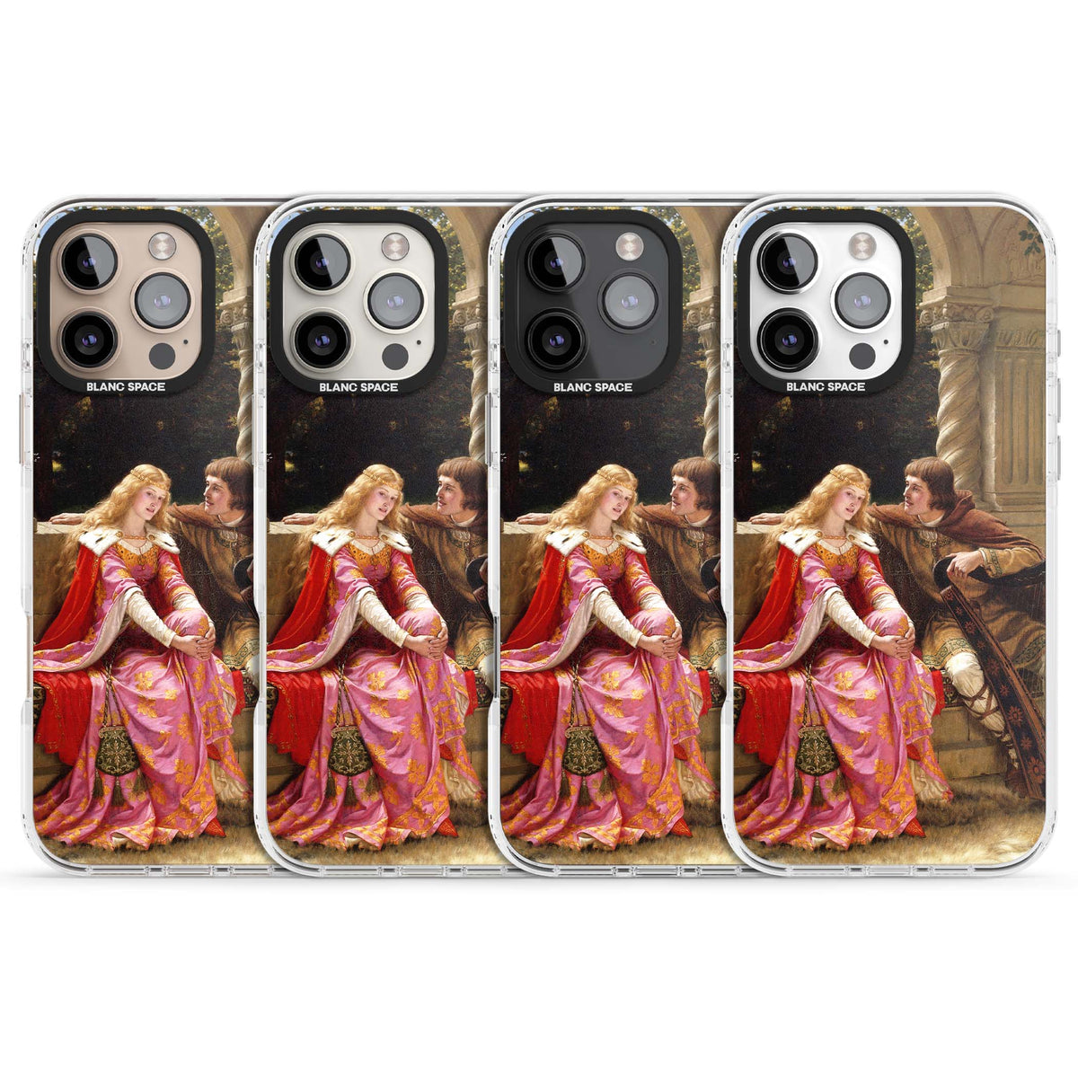 The End of the Song classic art iPhone case featuring a medieval lady in pink gown and her knight in a stone archway | Impact Magsafe case for iPhone 16 Pro, iPhone 16 Pro Max