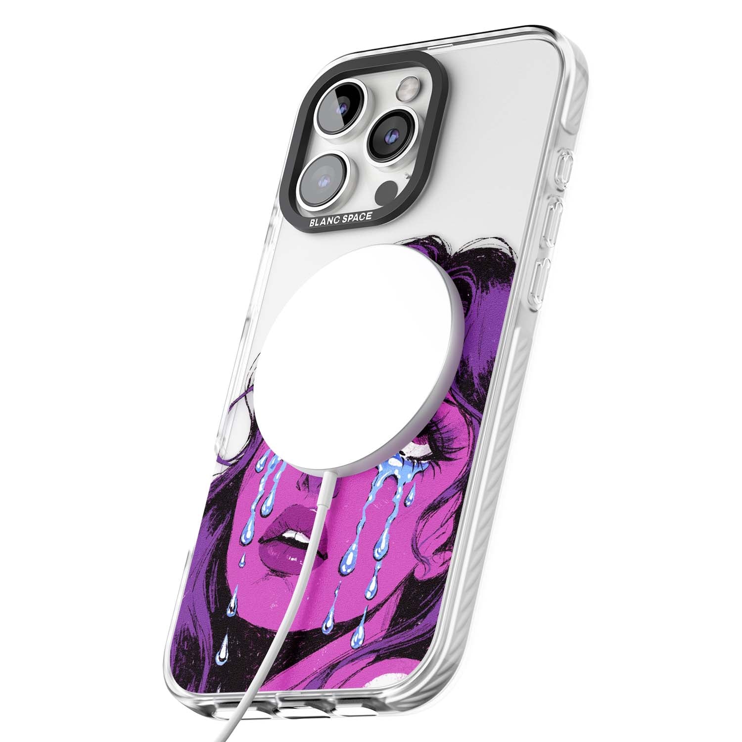 Drama Queen pop art iPhone case featuring a purple crying comic girl with blue tears | Impact Magsafe case for iPhone 16 Pro, iPhone 16 Pro Max