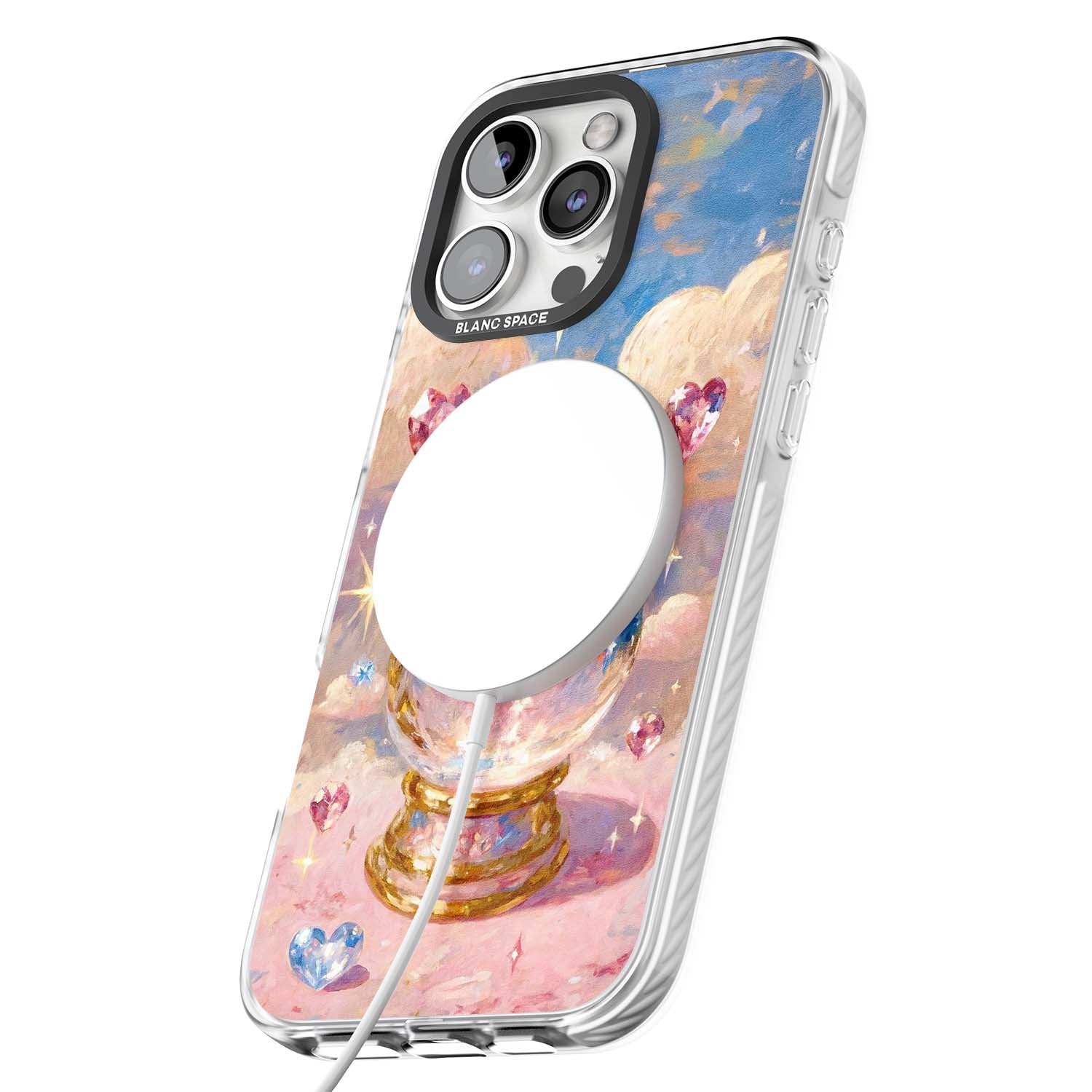 Crystal Ball fairycore iPhone case featuring a painted crystal ball, heart gemstones, and pastel clouds | Impact Magsafe case for iPhone 16 Pro, iPhone 16 Pro Max