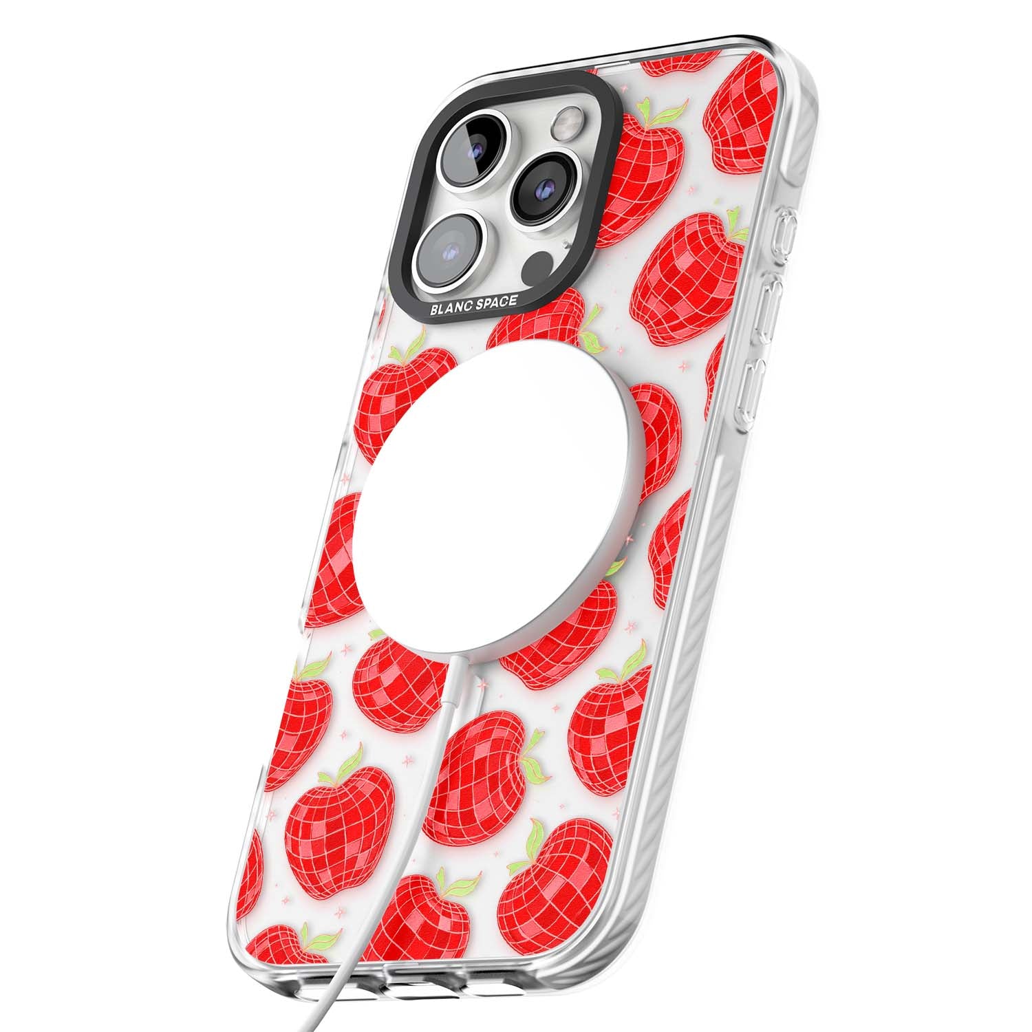 Disco Apples Y2K iPhone case featuring red disco ball apples, green leaves and pink sparkles on clear | Impact Magsafe case for iPhone 16 Pro, iPhone 16 Pro Max