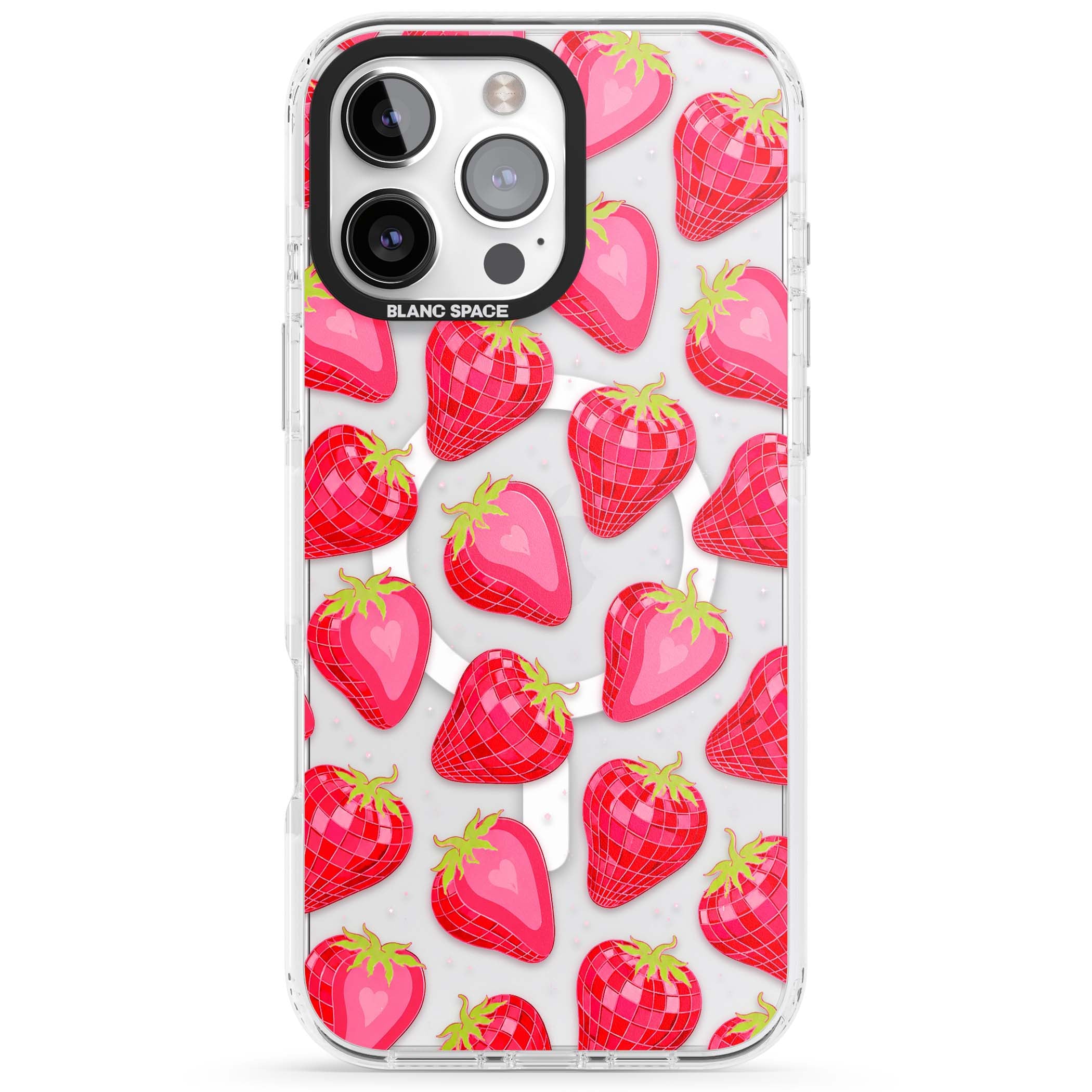 Disco Strawberry Y2K iPhone case featuring pink disco-ball strawberries, green leaves and tiny sparkles | Impact Magsafe case for iPhone 16 Pro, iPhone 16 Pro Max