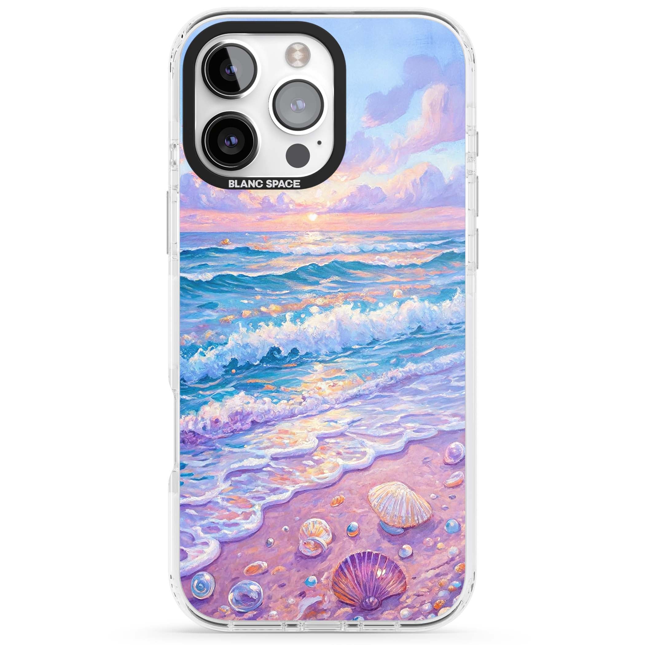 Pearl Shore coastal iPhone case featuring pastel painted waves, seashells, and a sunrise sky over a lavender beach. | Impact Magsafe case for iPhone 16 Pro, iPhone 16 Pro Max