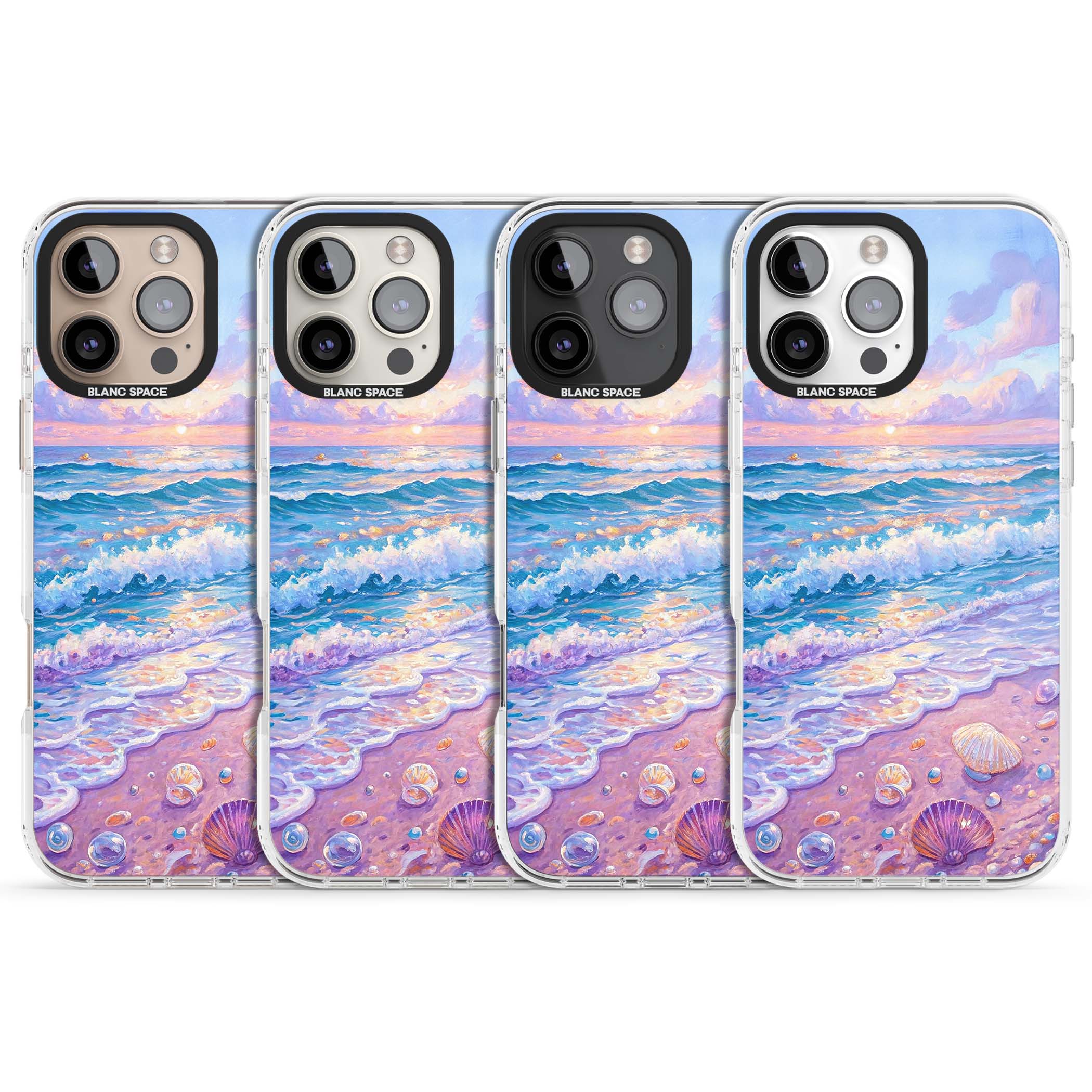 Pearl Shore coastal iPhone case featuring pastel painted waves, seashells, and a sunrise sky over a lavender beach. | Impact Magsafe case for iPhone 16 Pro, iPhone 16 Pro Max