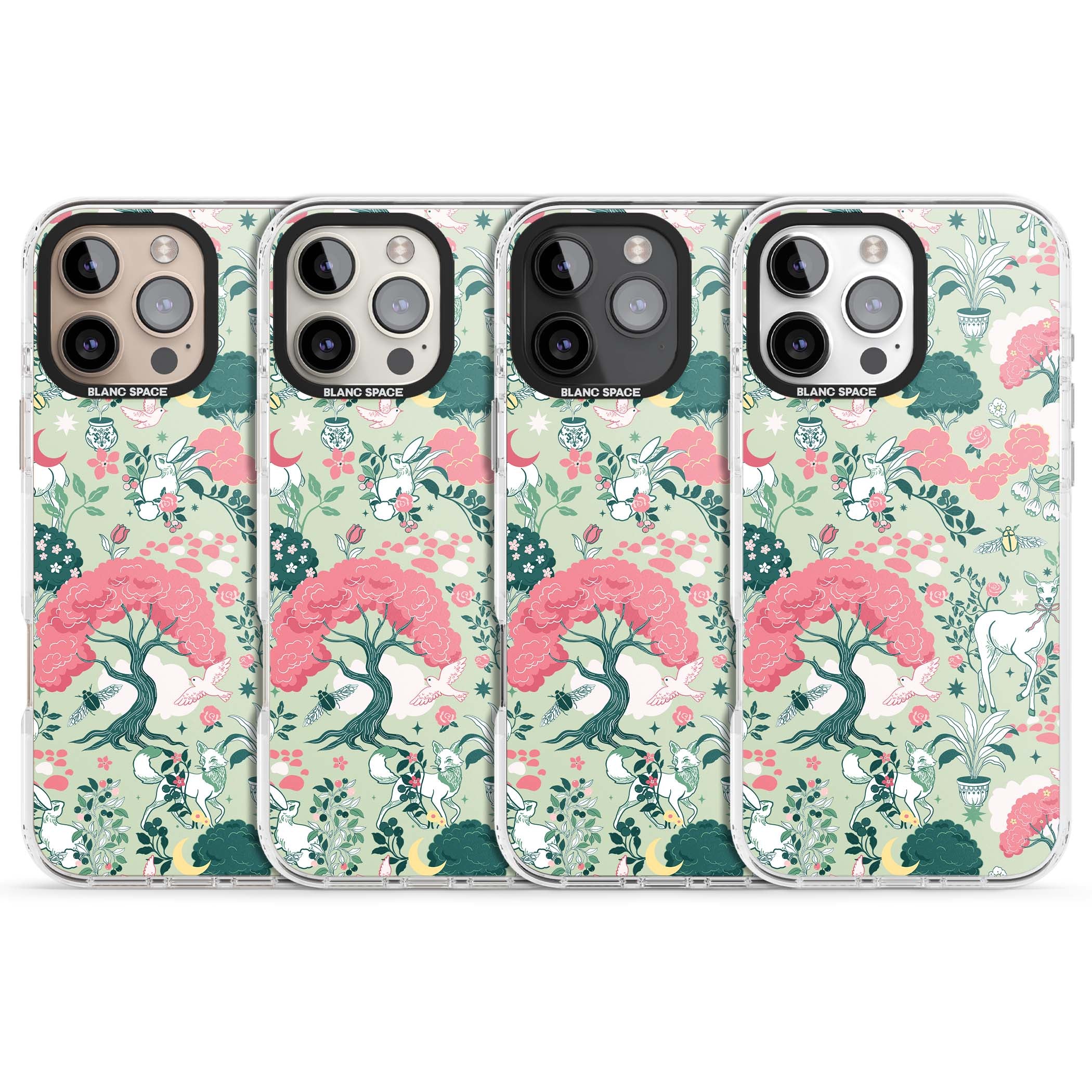 Enchanted Woodland cottagecore iPhone case featuring white deer, pink roses, mushrooms and woodland animals on sage green | Impact Magsafe case for iPhone 16 Pro, iPhone 16 Pro Max