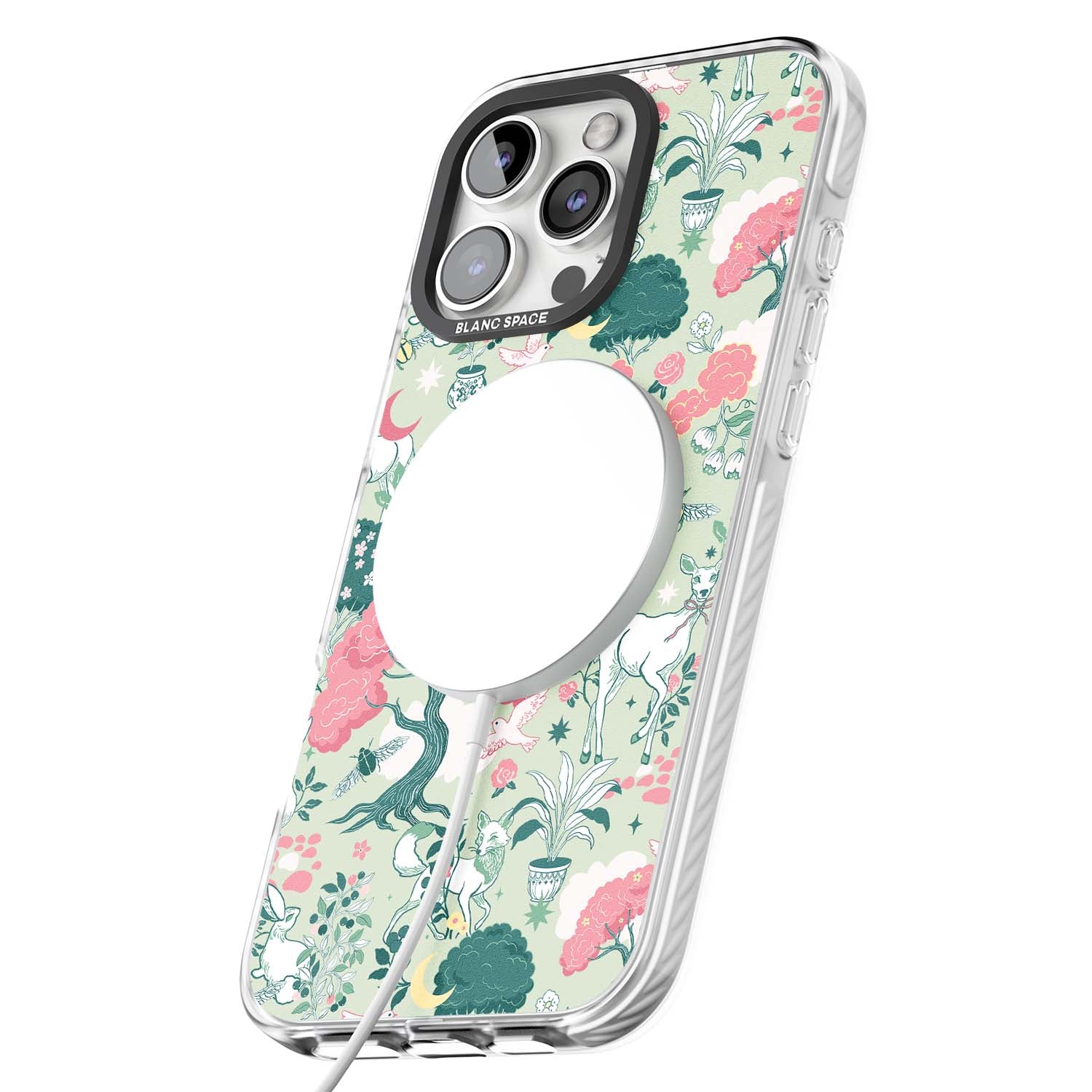 Enchanted Woodland cottagecore iPhone case featuring white deer, pink roses, mushrooms and woodland animals on sage green | Impact Magsafe case for iPhone 16 Pro, iPhone 16 Pro Max