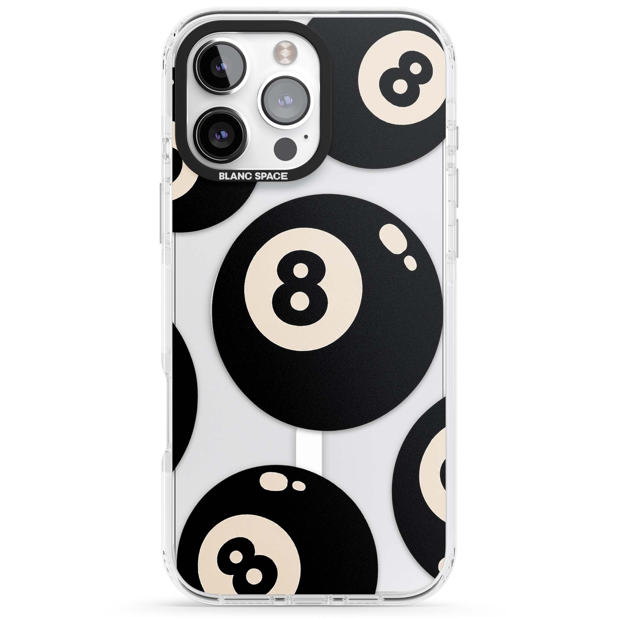 Eights y2k iPhone case featuring scattered black 8 balls with cream highlights on a clear background | Impact Magsafe case for iPhone 16 Pro, iPhone 16 Pro Max
