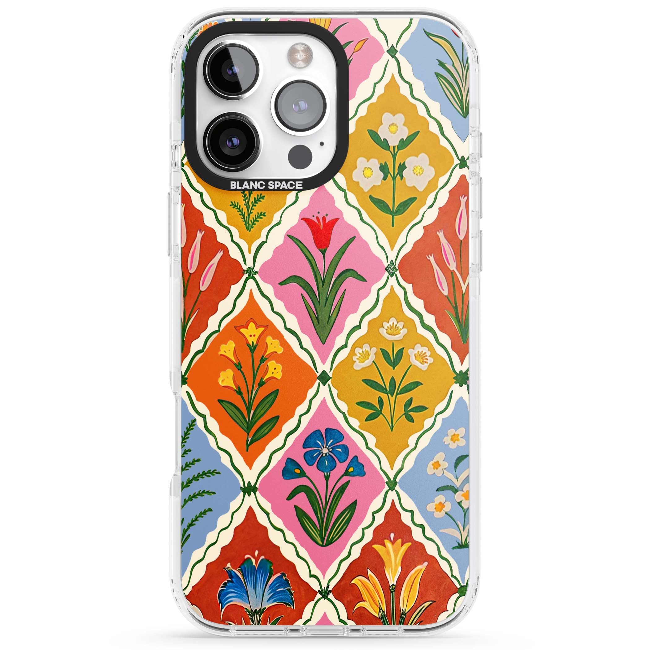 Floral Quilt boho floral iPhone case featuring diamond lattice pattern, hand-painted tulips and folk art wildflowers | Impact Magsafe case for iPhone 16 Pro, iPhone 16 Pro Max