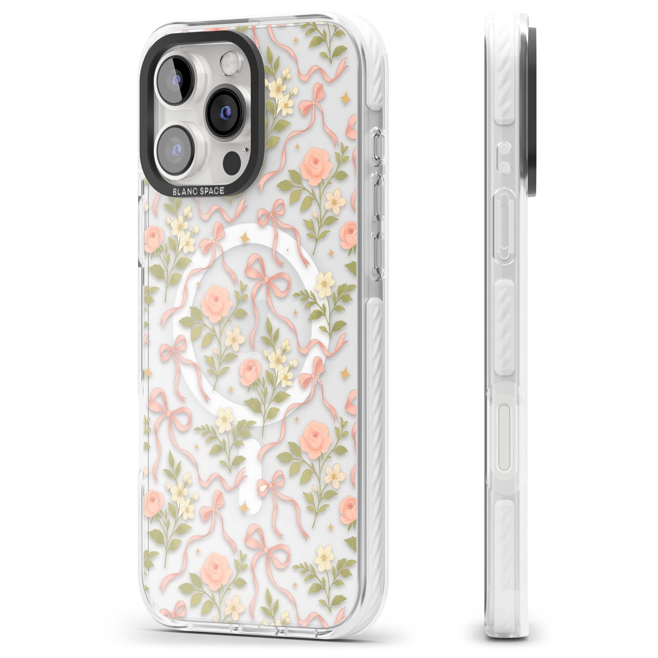 Ribbon Garden coquette iPhone case featuring pink bows, peach roses and wildflowers on white background | Impact Magsafe case for iPhone 16 Pro, iPhone 16 Pro Max