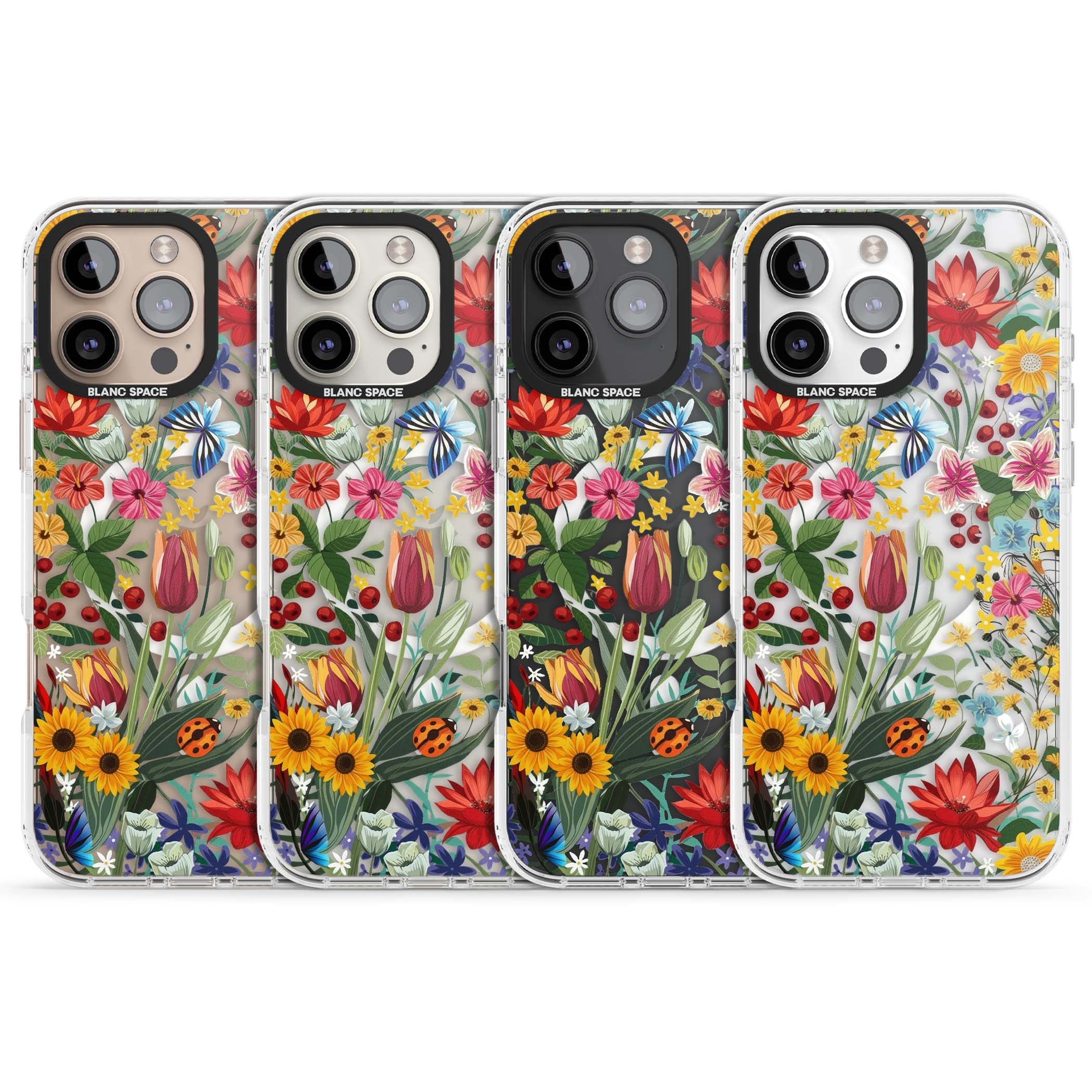 Botanical Bloom cottagecore iPhone case featuring colorful wildflowers, sunflowers, and ladybugs on clear background | Impact Magsafe case for iPhone 16 Pro, iPhone 16 Pro Max