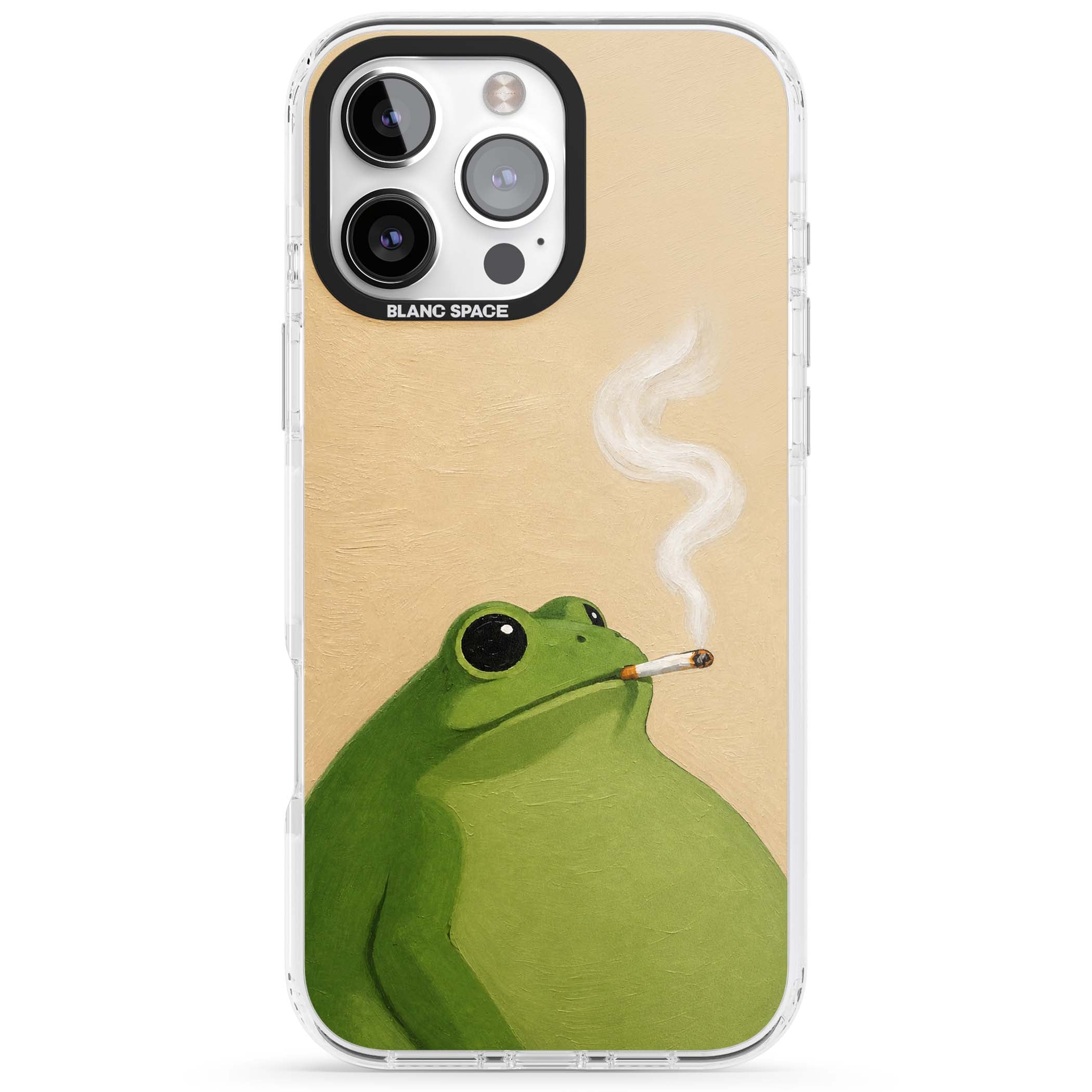 The Smoking Frog cottagecore iPhone case featuring a hand-painted green frog smoking a cigarette on a cream oil painting back | Impact Magsafe case for iPhone 16 Pro, iPhone 16 Pro Max