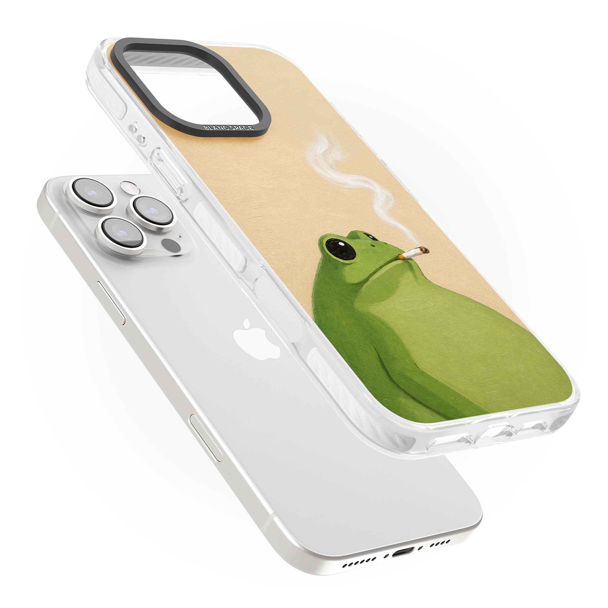 The Smoking Frog cottagecore iPhone case featuring a hand-painted green frog smoking a cigarette on a cream oil painting back | Impact Magsafe case for iPhone 16 Pro, iPhone 16 Pro Max