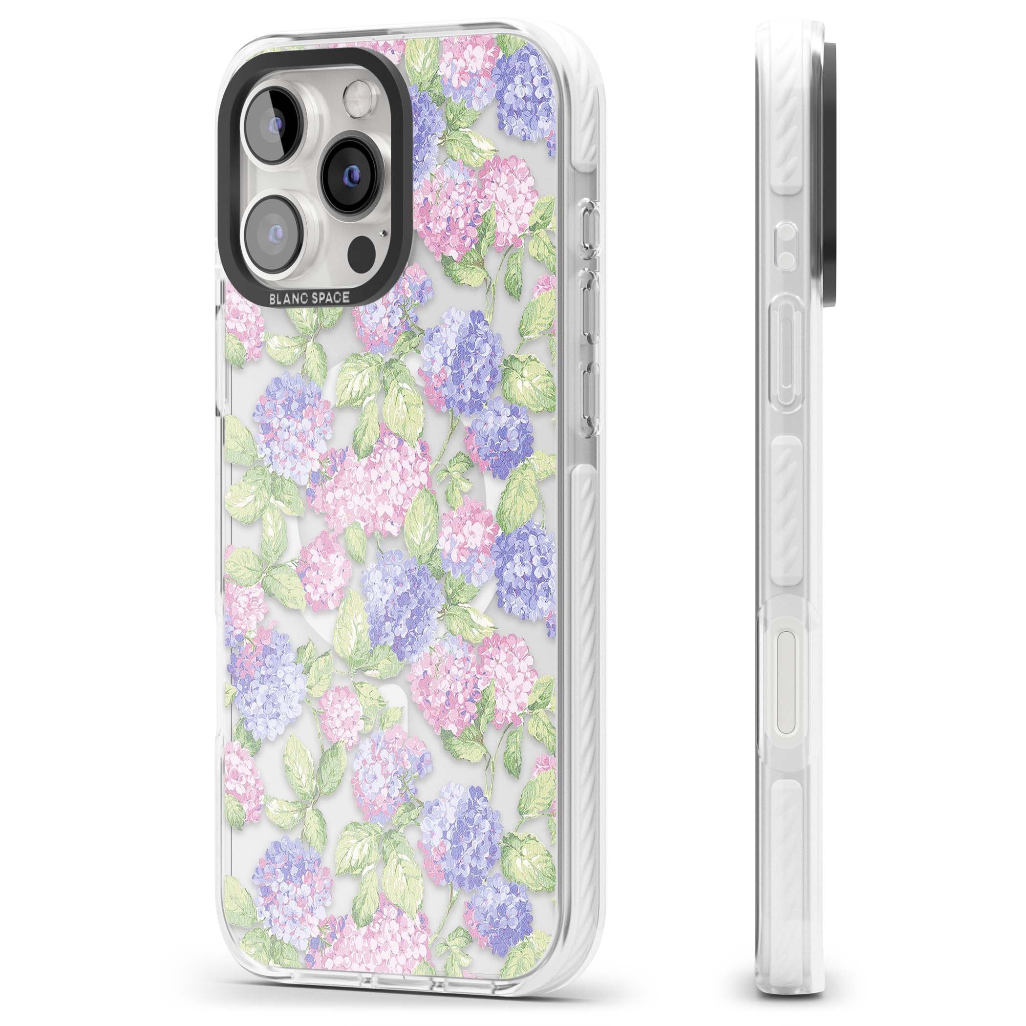 Cottage Hydrangea cottagecore iPhone case featuring pink and purple hydrangea blooms with green leaves on a clear background | Impact Magsafe case for iPhone 16 Pro, iPhone 16 Pro Max