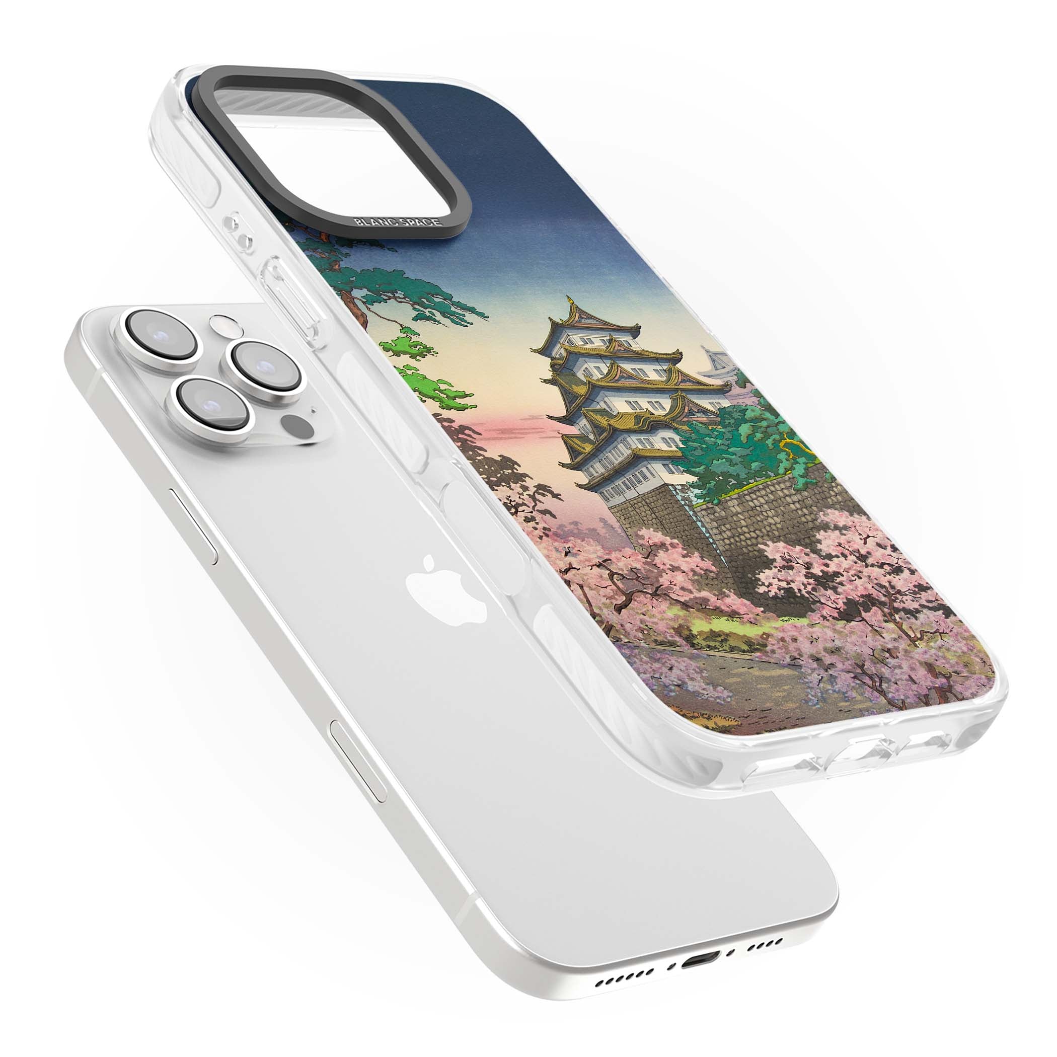 Nagoya Castle Japanese iPhone case featuring a vintage pagoda, twilight sky and cherry blossom trees | Impact Magsafe case for iPhone 16 Pro, iPhone 16 Pro Max