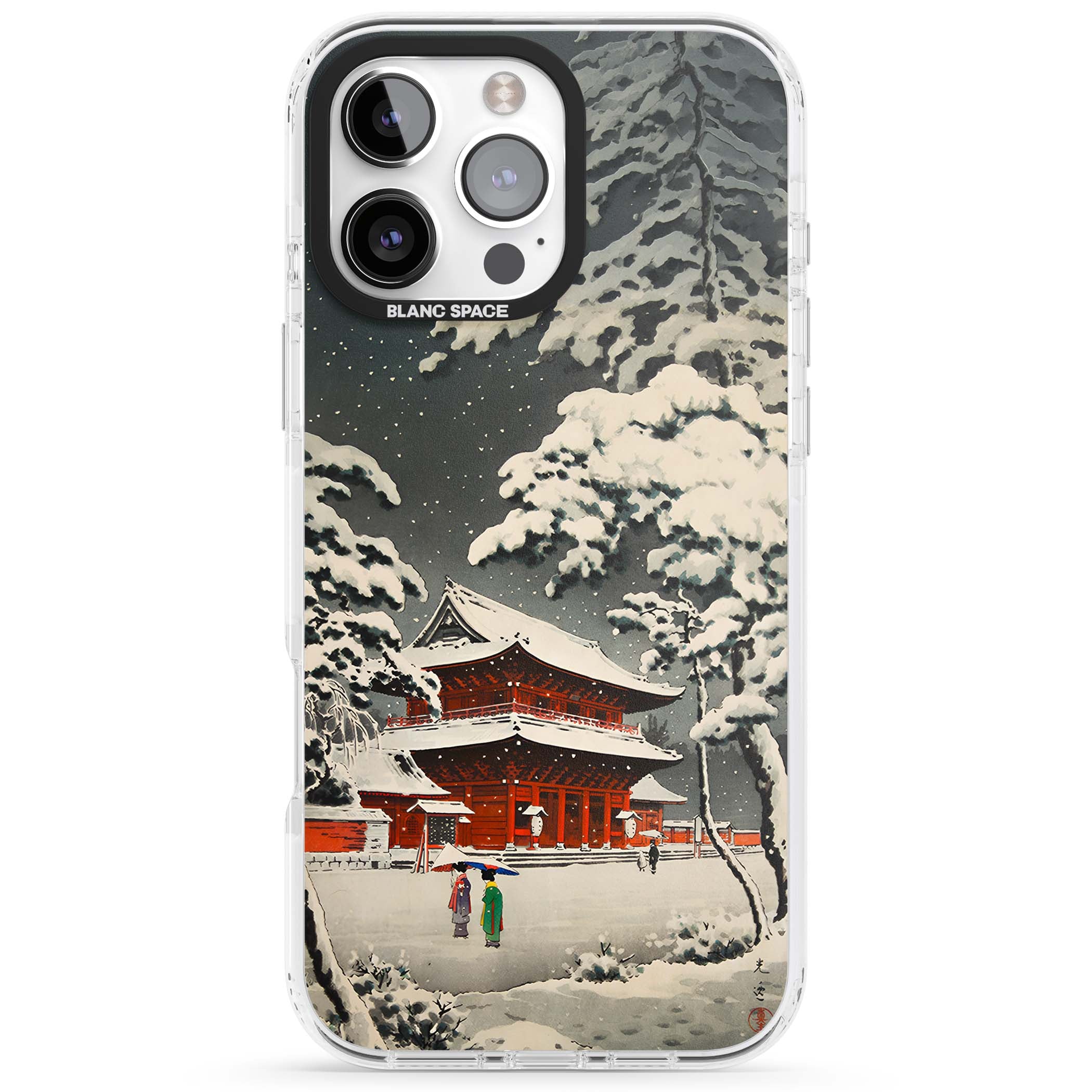 Snow at Shiha Park, Tokyo Japanese art iPhone case featuring a vintage ukiyo-e snowy temple, red pagoda, and snow-covered pin | Impact Magsafe case for iPhone 16 Pro, iPhone 16 Pro Max