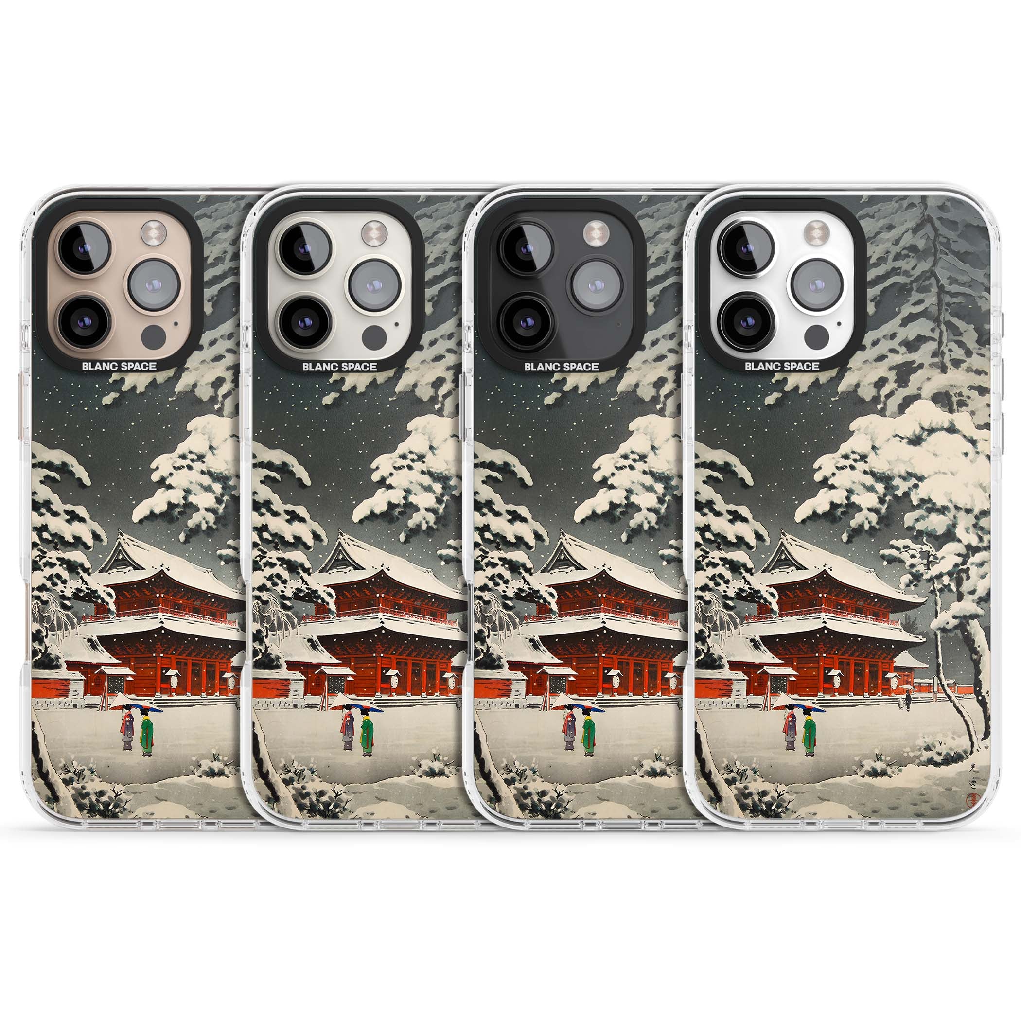 Snow at Shiha Park, Tokyo Japanese art iPhone case featuring a vintage ukiyo-e snowy temple, red pagoda, and snow-covered pin | Impact Magsafe case for iPhone 16 Pro, iPhone 16 Pro Max