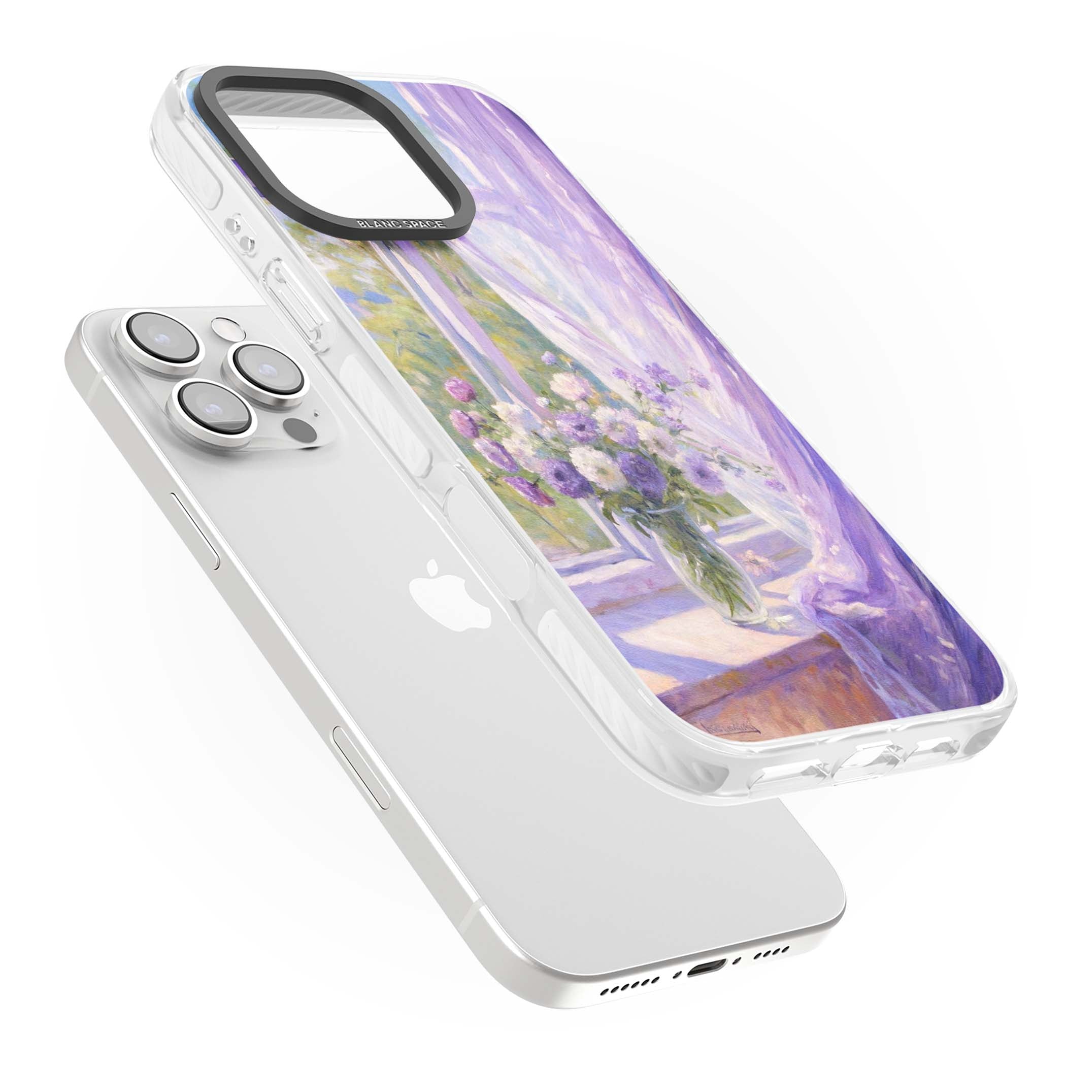 A Provence Morning impressionist art iPhone case featuring a vase of purple flowers, sunlit window and sheer curt | Impact Magsafe case for iPhone 16 Pro, iPhone 16 Pro Max