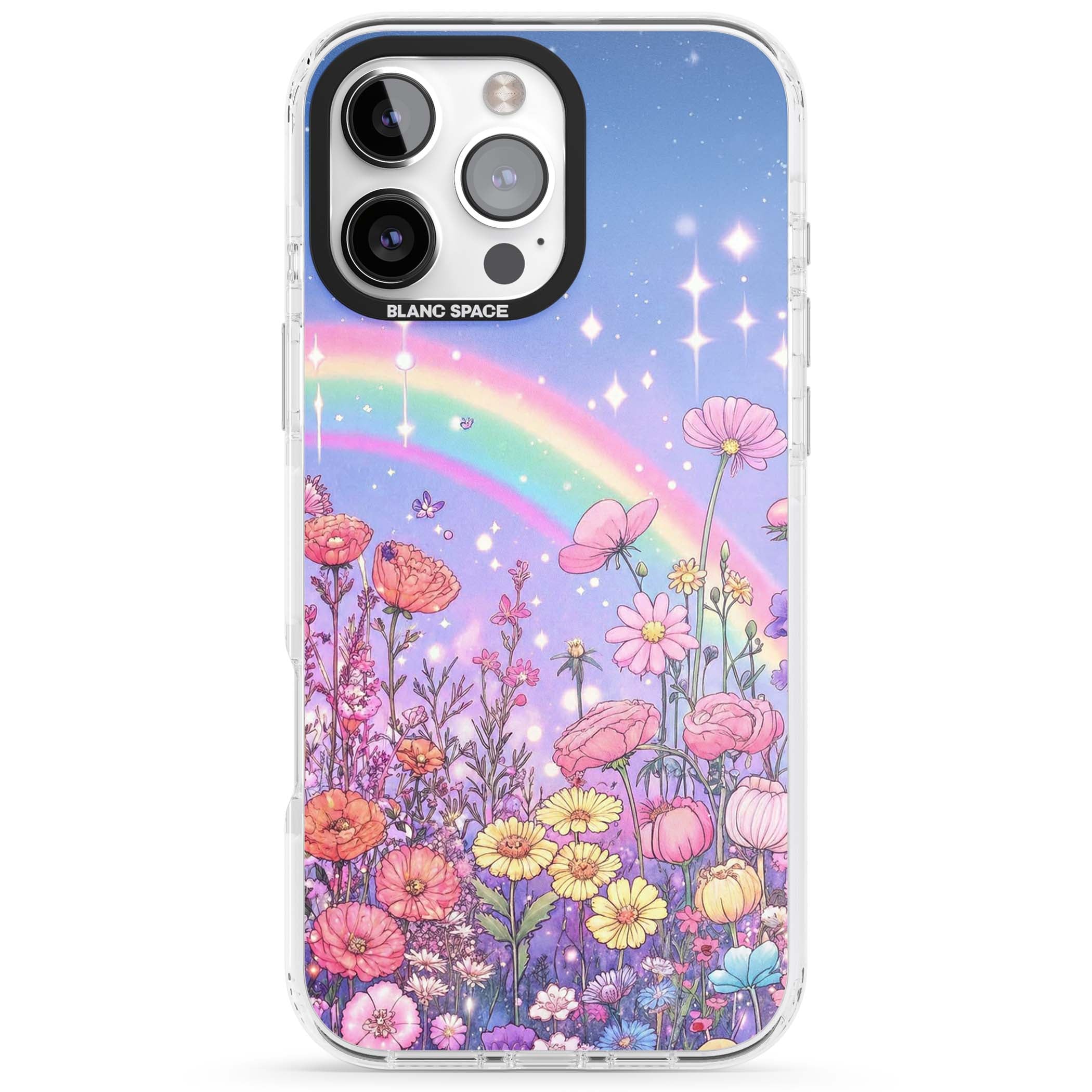 Magical Meadow fairycore iPhone case featuring a pastel rainbow, sparkling stars and a wildflower meadow | Impact Magsafe case for iPhone 16 Pro, iPhone 16 Pro Max