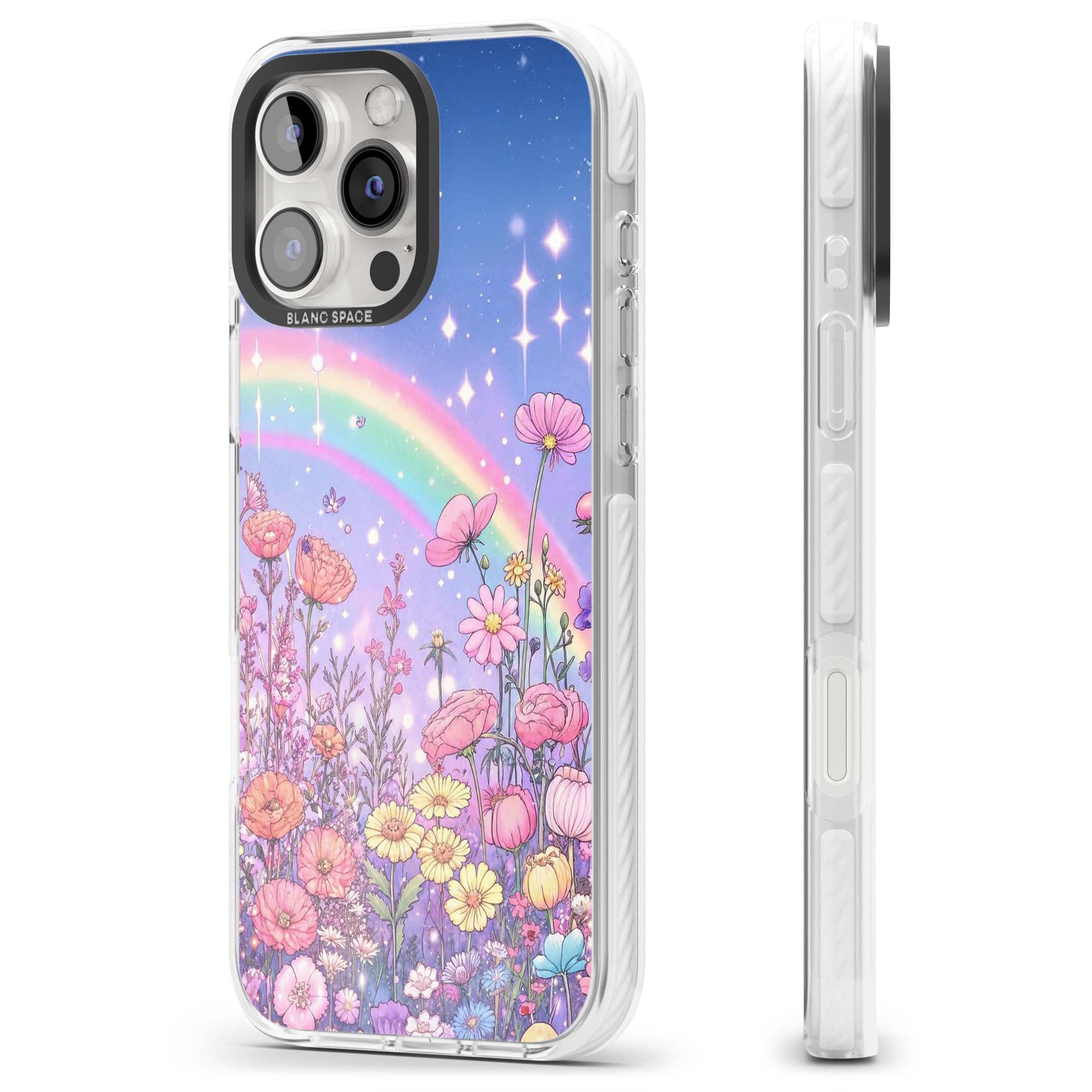 Magical Meadow fairycore iPhone case featuring a pastel rainbow, sparkling stars and a wildflower meadow | Impact Magsafe case for iPhone 16 Pro, iPhone 16 Pro Max