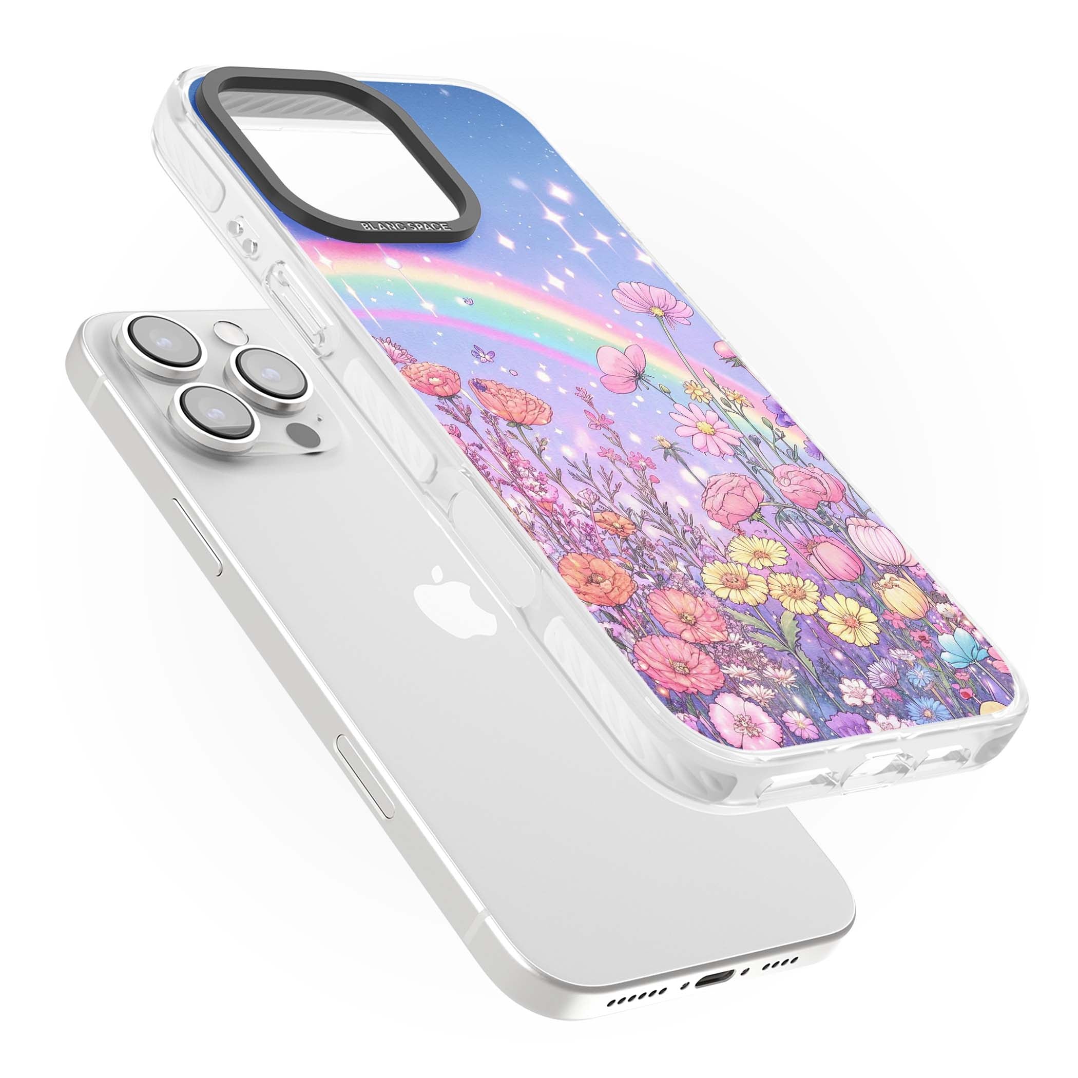 Magical Meadow fairycore iPhone case featuring a pastel rainbow, sparkling stars and a wildflower meadow | Impact Magsafe case for iPhone 16 Pro, iPhone 16 Pro Max