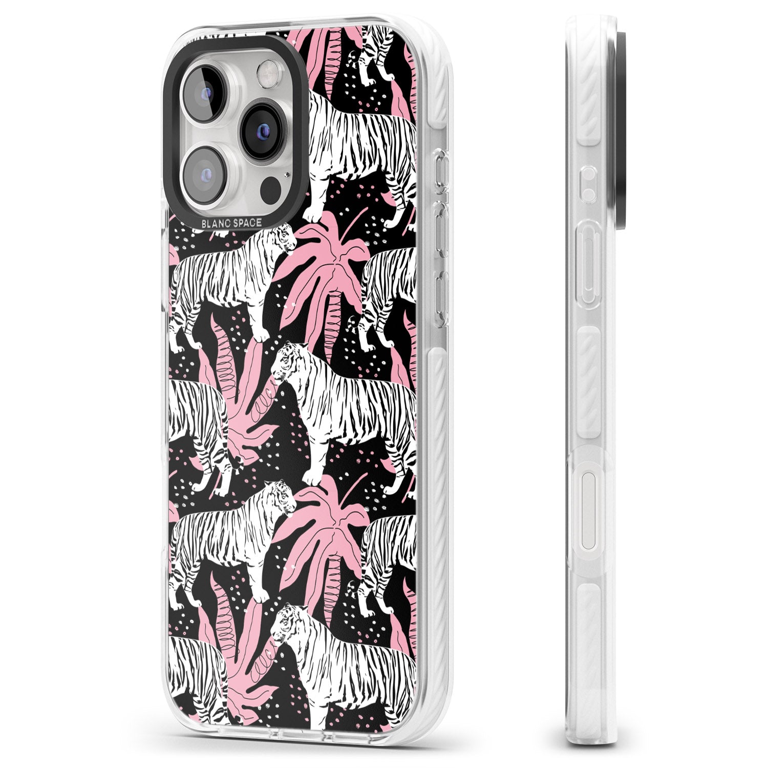 iPhone 16 Pro Max White Tigers on Black Pattern Black Impact Phone Case