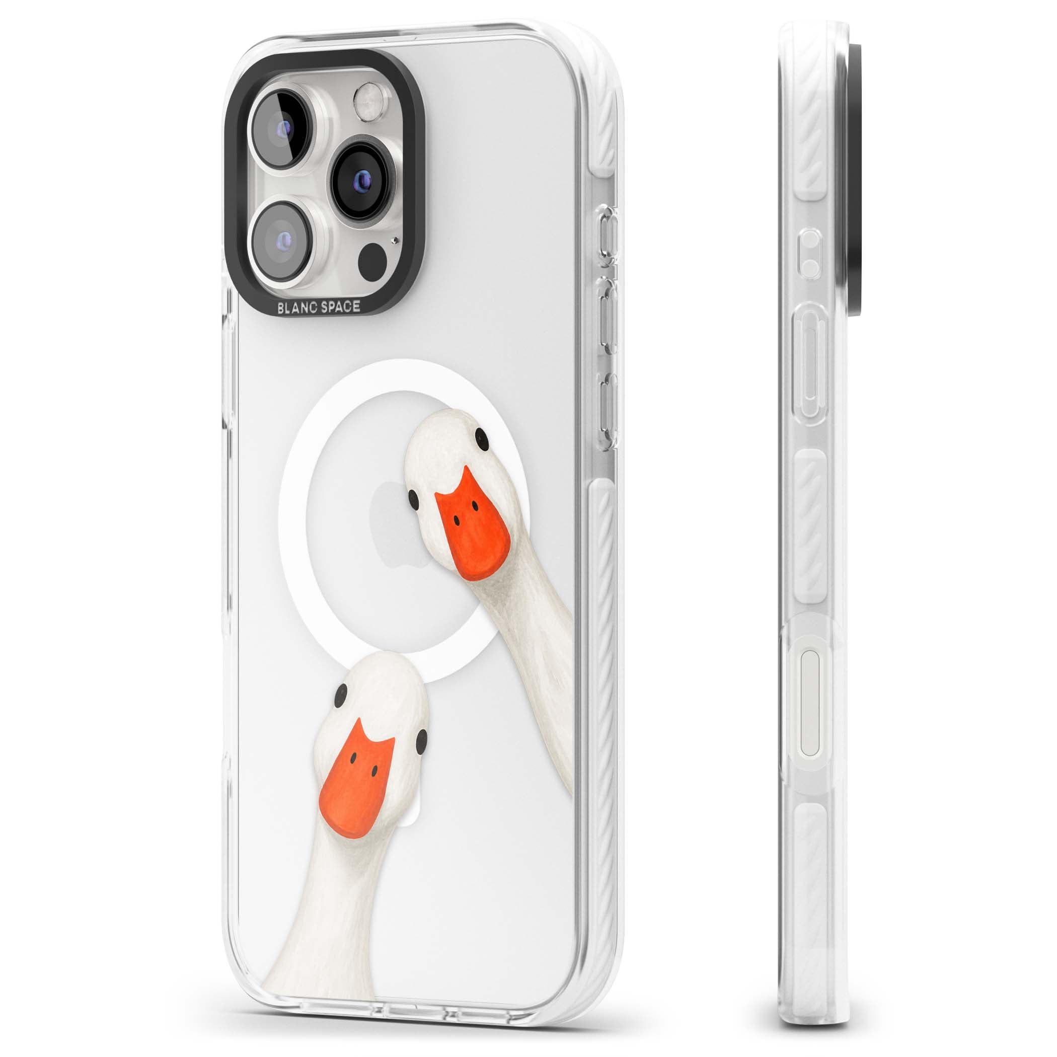 Nosy Ducks cottagecore iPhone case featuring two peeking white ducks with orange beaks on a clear background | Impact Magsafe case for iPhone 16 Pro, iPhone 16 Pro Max