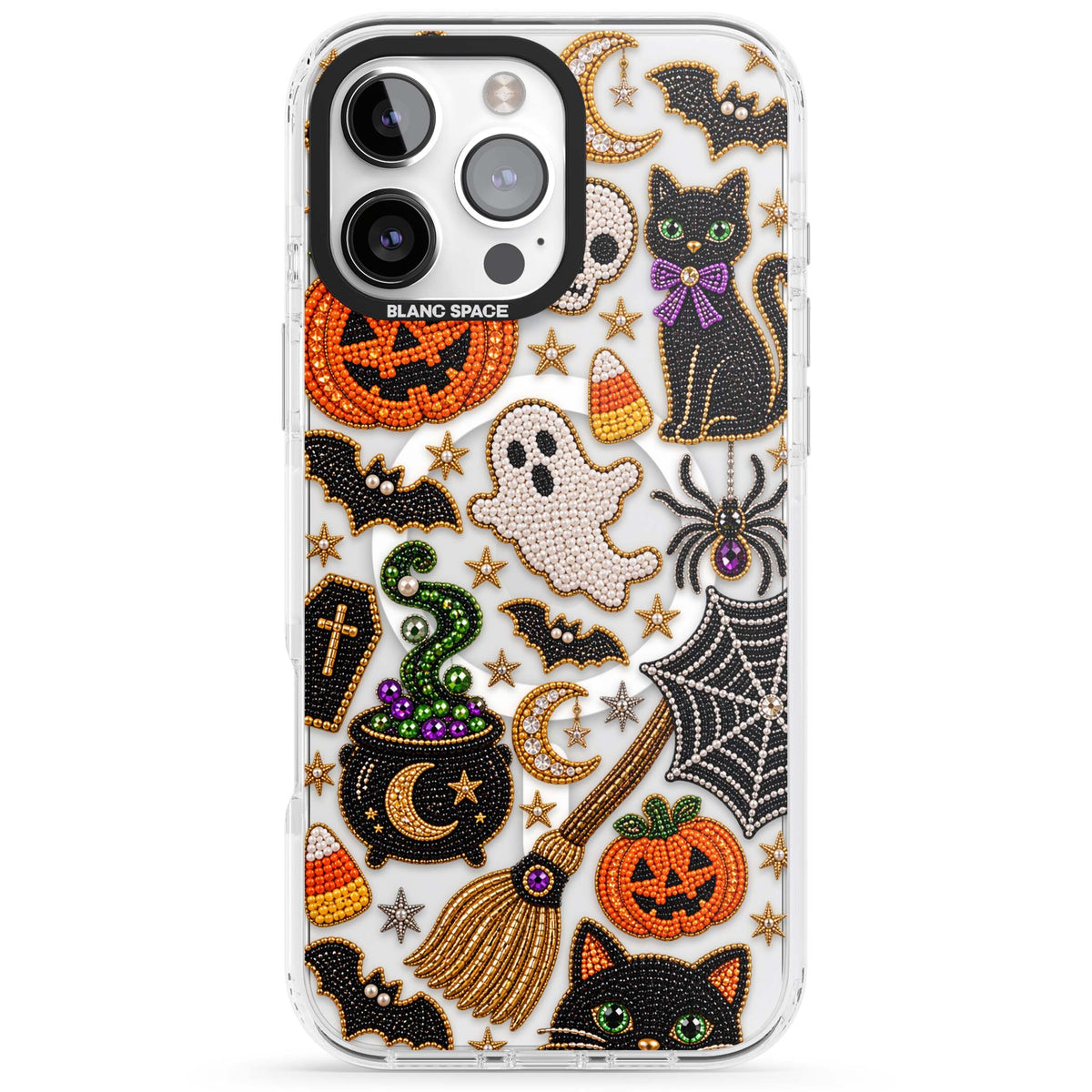Beaded Halloween Halloween iPhone case featuring beaded pumpkins, ghosts, black cats and bats | Impact Magsafe case for iPhone 16 Pro, iPhone 16 Pro Max