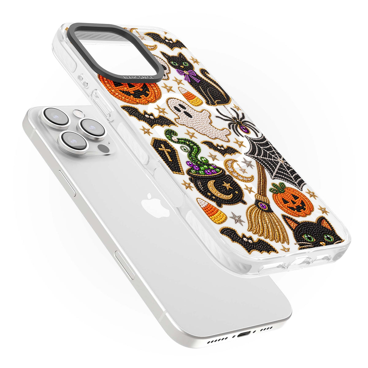 Beaded Halloween Halloween iPhone case featuring beaded pumpkins, ghosts, black cats and bats | Impact Magsafe case for iPhone 16 Pro, iPhone 16 Pro Max